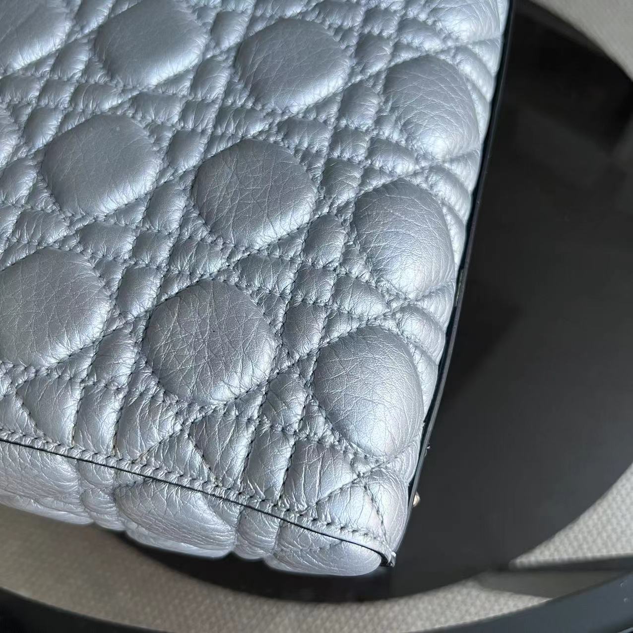 *Flap Version* Dior Lady Medium Cannage Metallic Aged Calfskin Silver Golden Hardware - Luxury Evermore