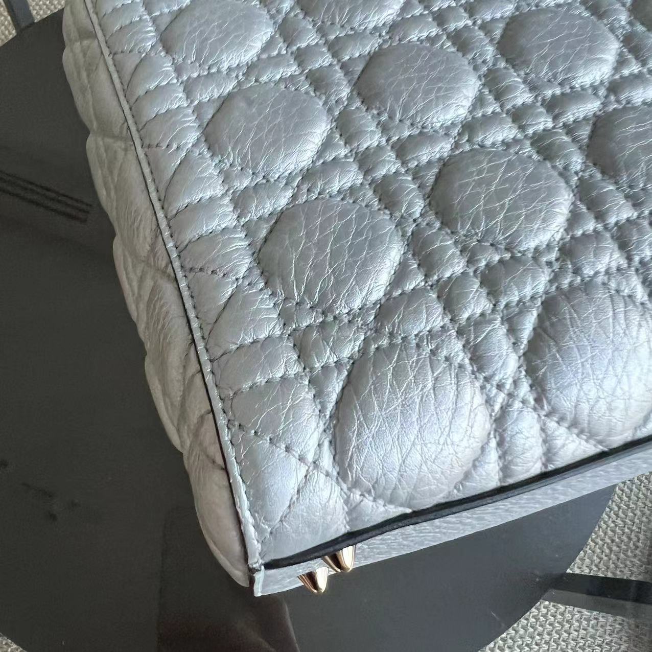 *Flap Version* Dior Lady Medium Cannage Metallic Aged Calfskin Silver Golden Hardware - Luxury Evermore