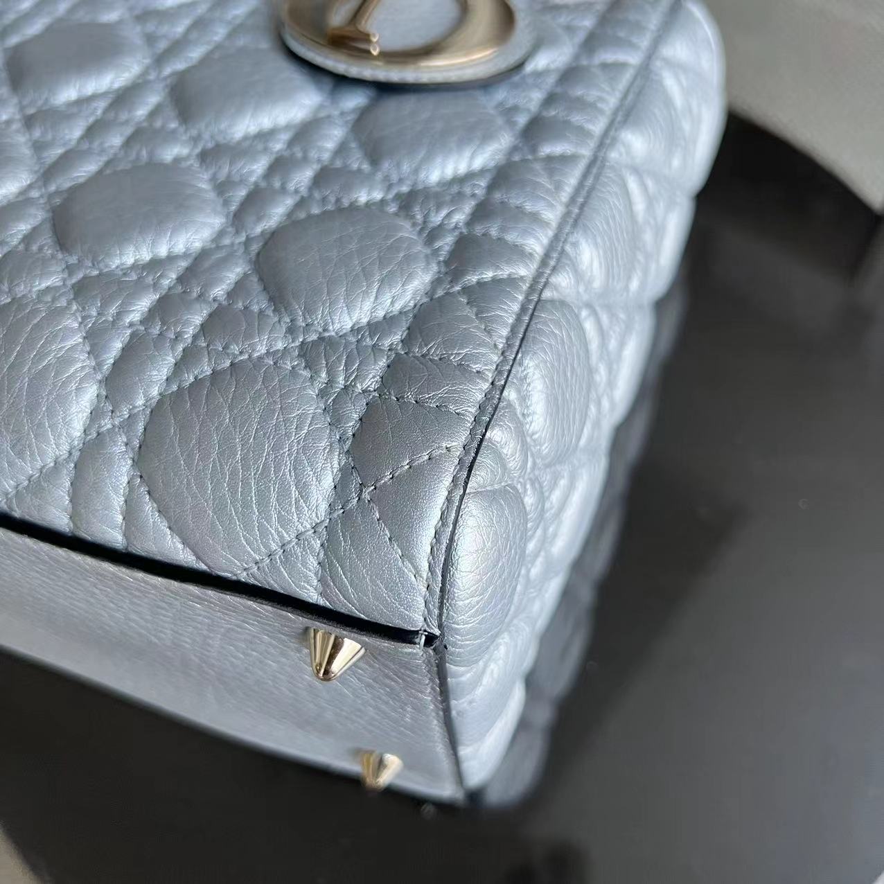 *Flap Version* Dior Lady Medium Cannage Metallic Aged Calfskin Silver Golden Hardware - Luxury Evermore