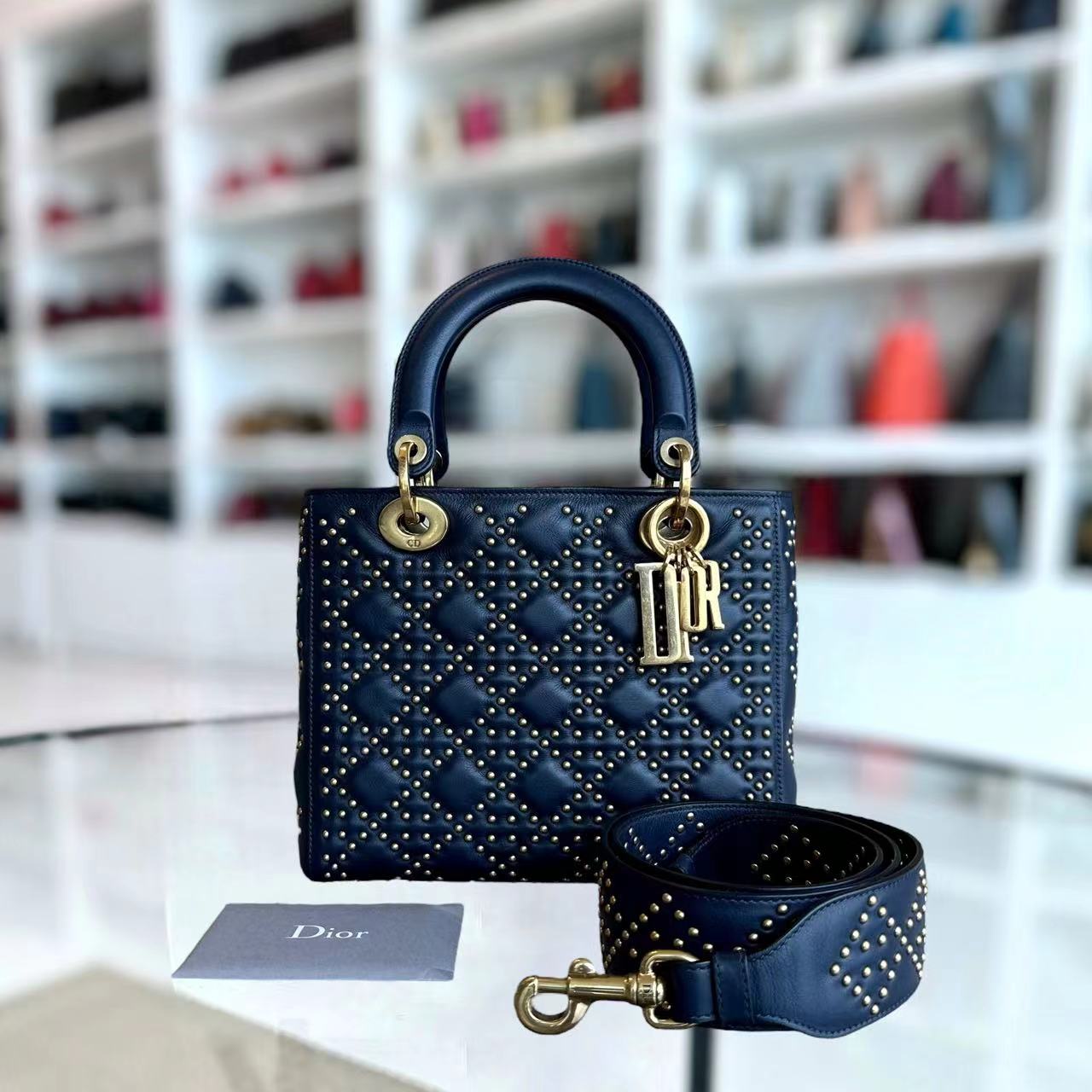 *Flap Version* Dior Lady Medium Studded Calfskin Dark Blue Golden Hardware - Luxury Evermore