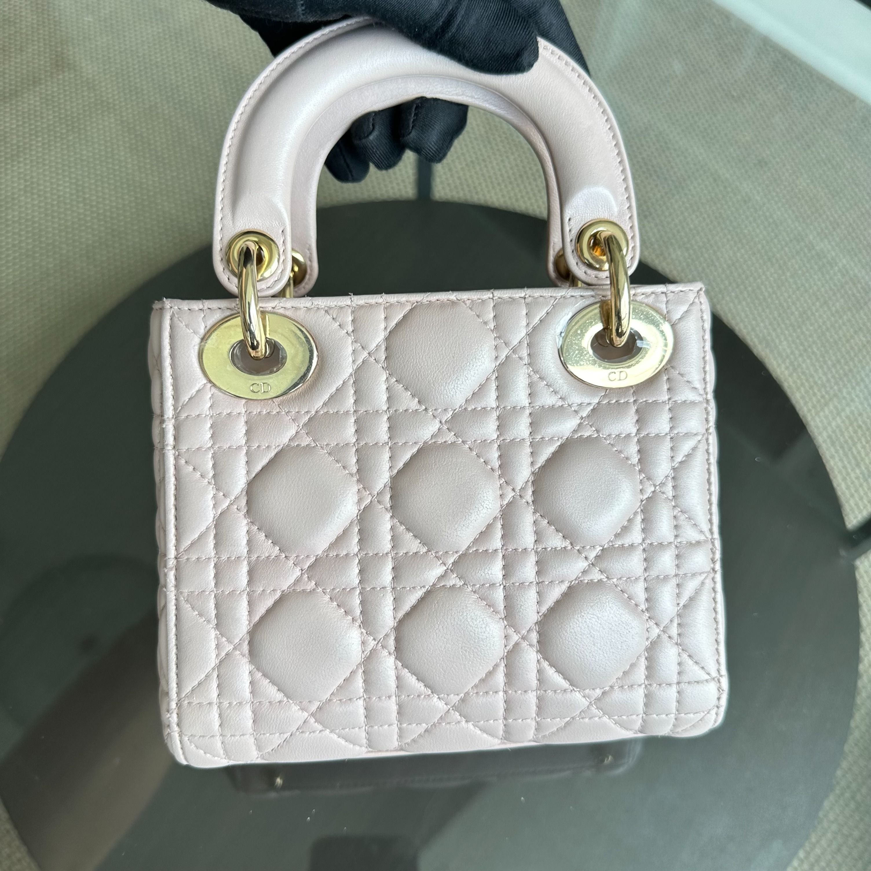 *Full Set, Receipt, Chain Strap* Dior Lady Mini Cannage Lambskin Iridescent Pink GHW - Luxury Evermore