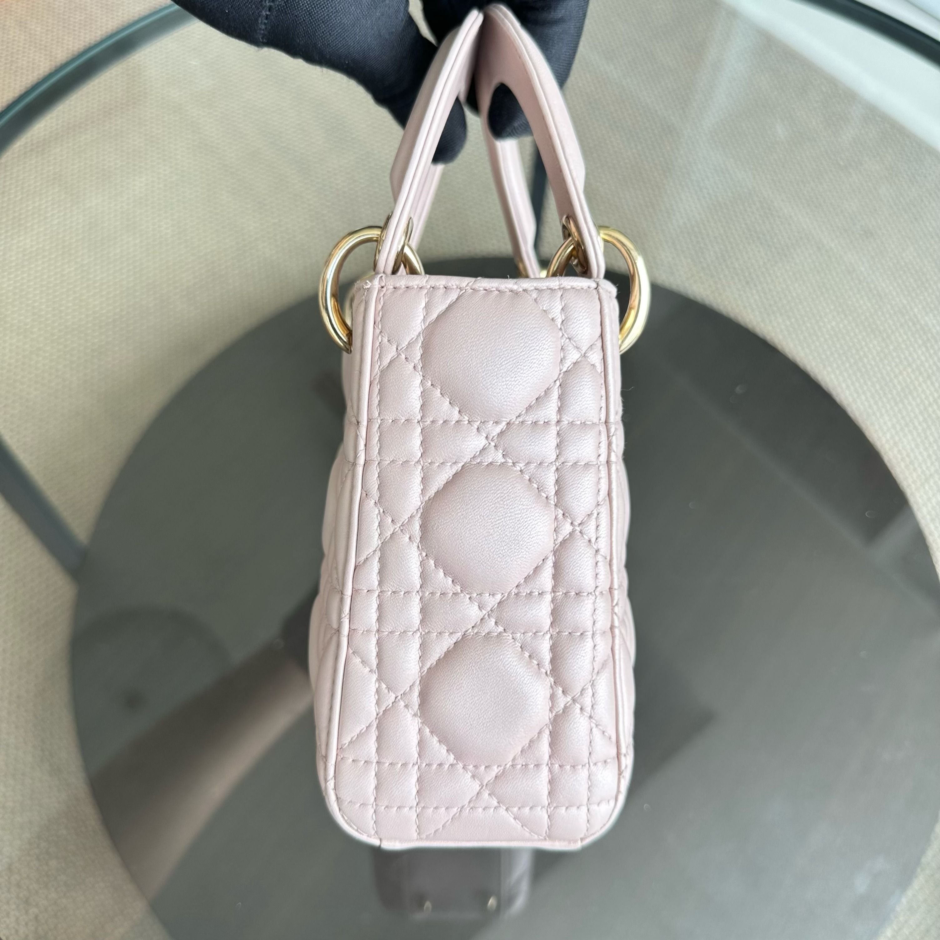 *Full Set, Receipt, Chain Strap* Dior Lady Mini Cannage Lambskin Iridescent Pink GHW - Luxury Evermore