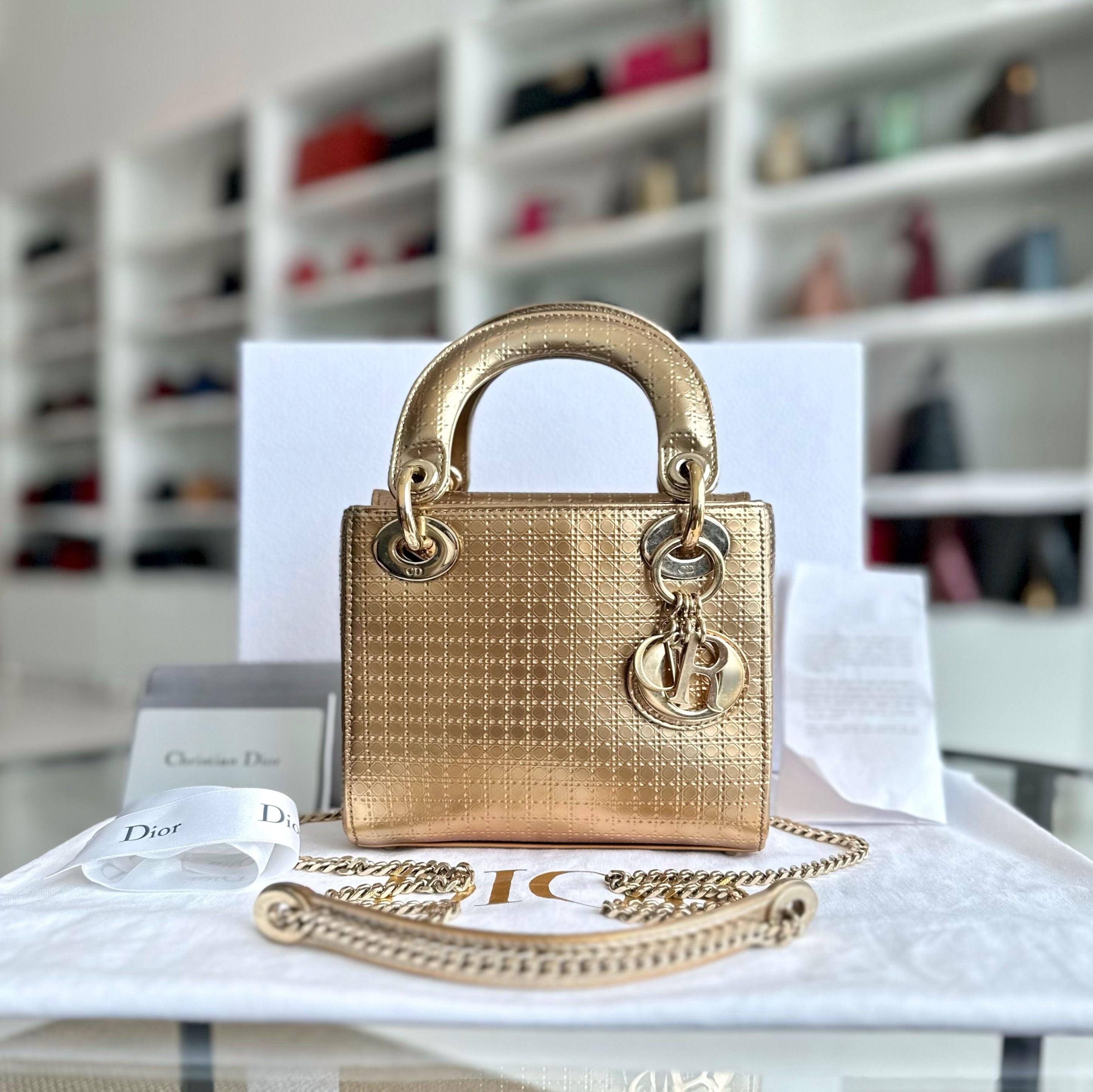 *Full Set Receipt, Chain Strap* Dior Lady Mini Metallic Micro-Cannage Gold GHW - Luxury Evermore