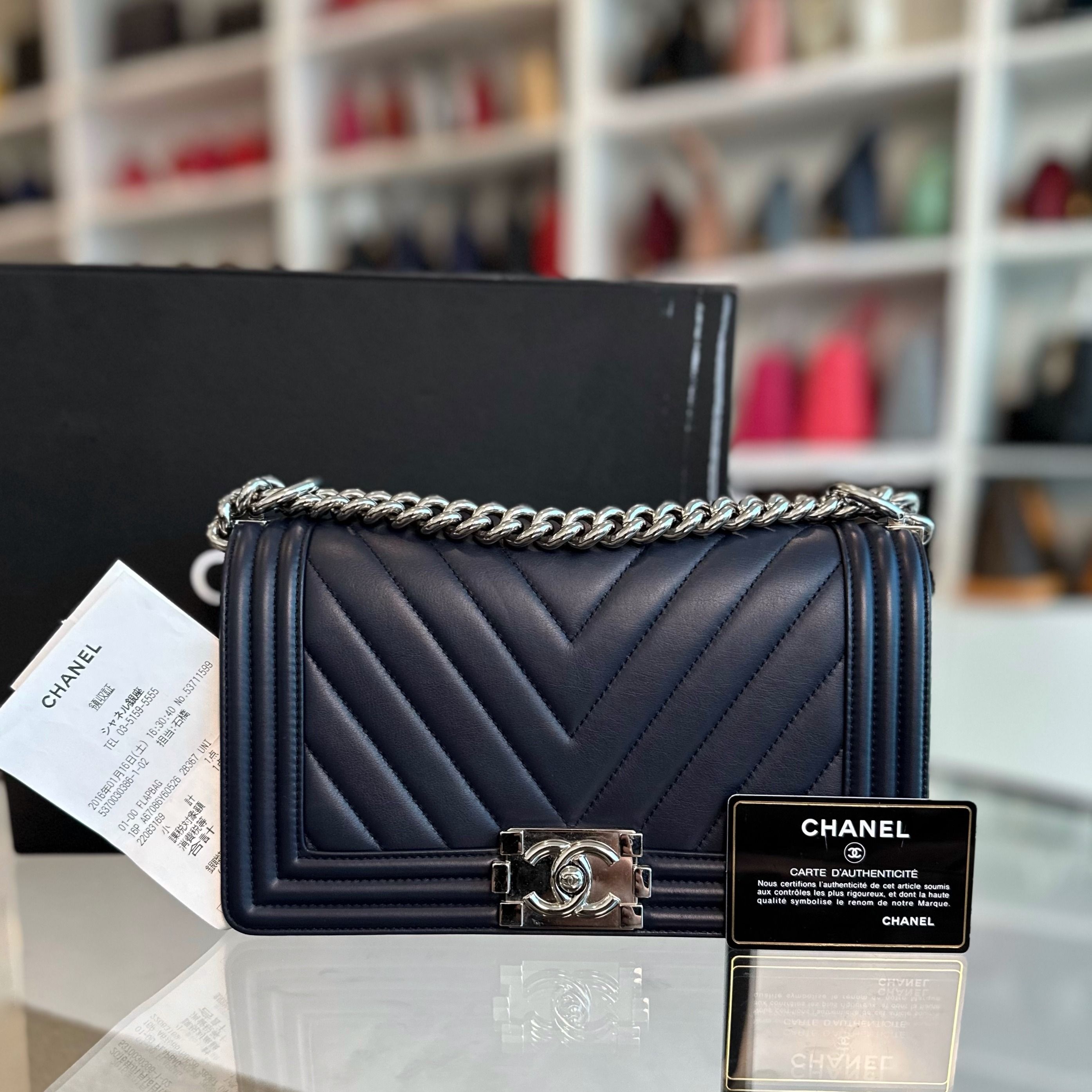 *Full Set Receipt* Chanel Boy Lambskin Old Medium 25CM Chevron Dark Blue SHW No 22 - Luxury Evermore