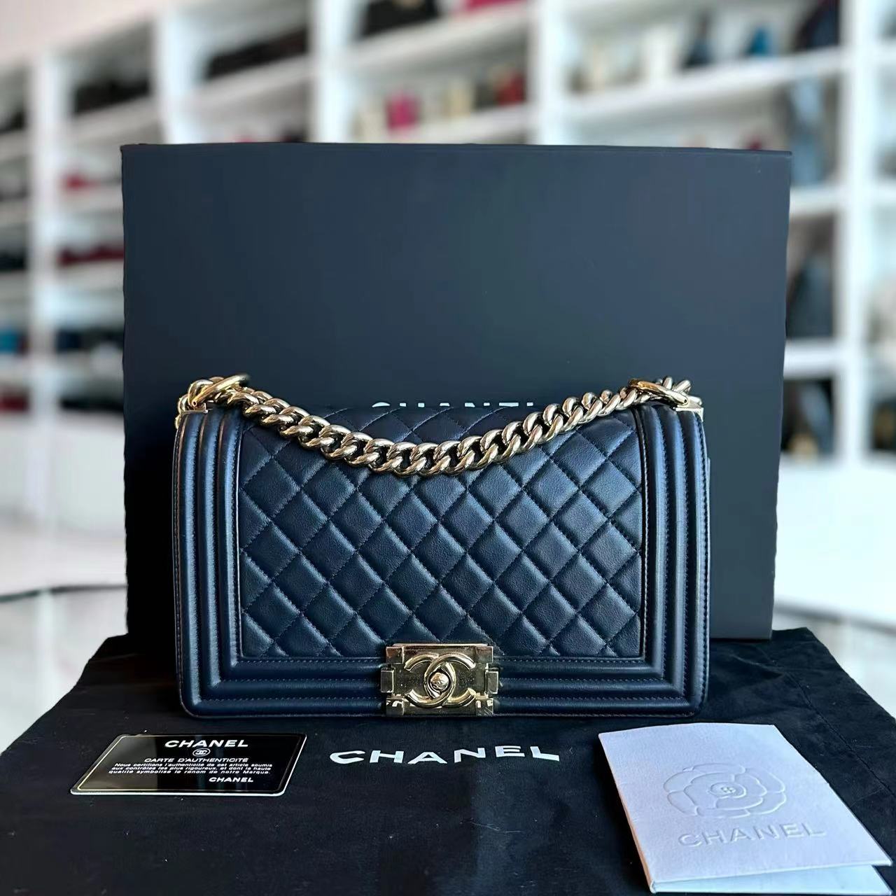 *Full Set Receipt* Chanel Boy Old Medium Quilted Calfskin Leboy 25CM Dark Blue GHW No 25 - Luxury Evermore