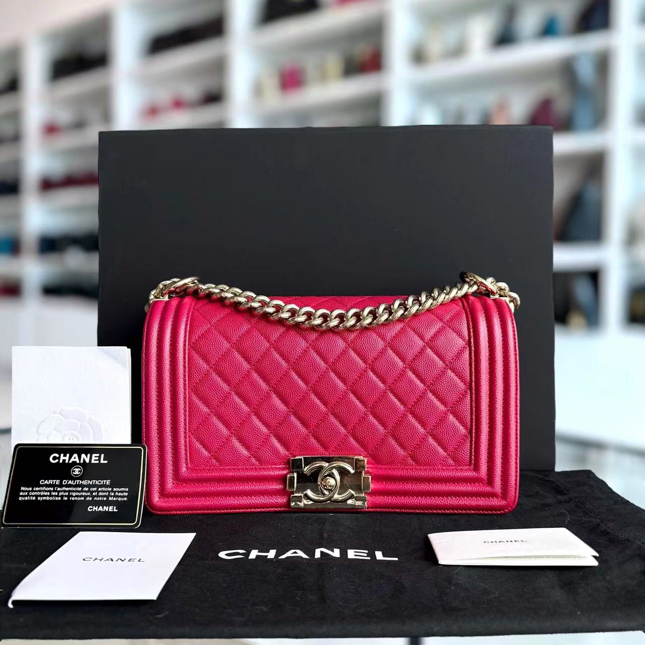 *Full Set, Receipt* Chanel Caviar Boy Old Medium 25CM Quilted Calfskin Hot Pink GHW LGHW No 23 - Luxury Evermore