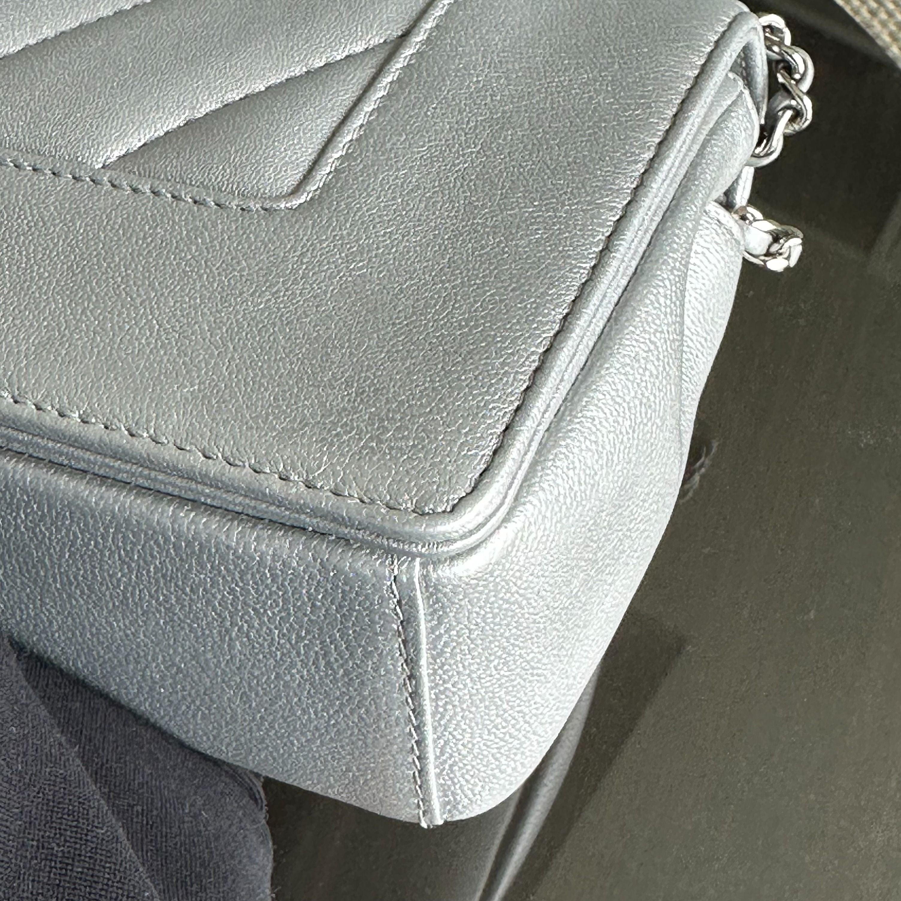 *Full Set, Receipt* Chanel Mademoiselle Small Seasonal Double Flap Chevron Calfskin Silver No 24 - Luxury Evermore