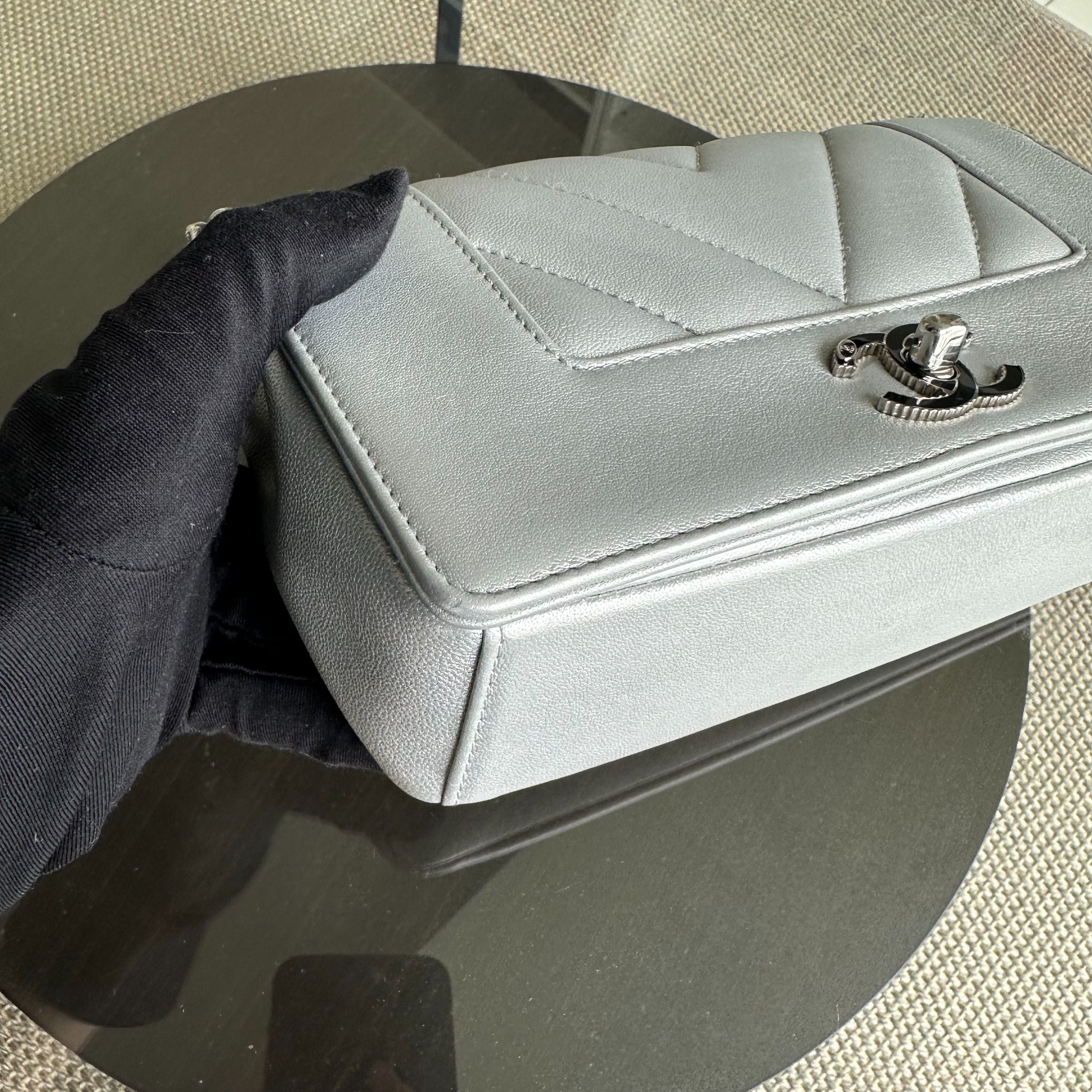 *Full Set, Receipt* Chanel Mademoiselle Small Seasonal Double Flap Chevron Calfskin Silver No 24 - Luxury Evermore