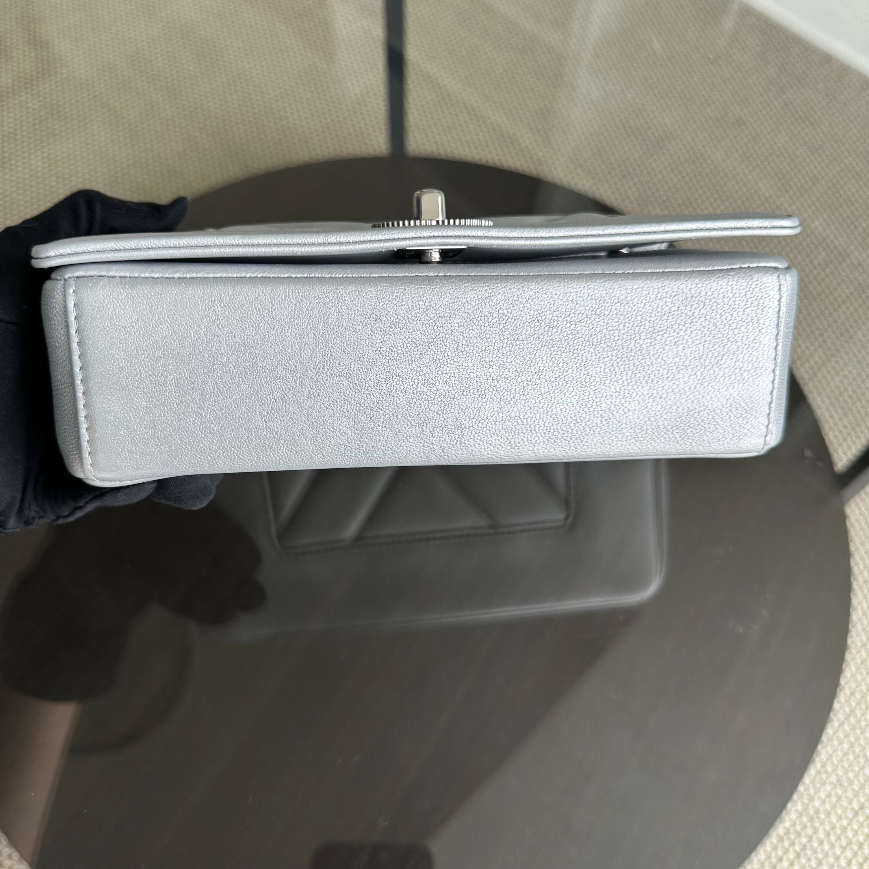 *Full Set, Receipt* Chanel Mademoiselle Small Seasonal Double Flap Chevron Calfskin Silver No 24 - Luxury Evermore