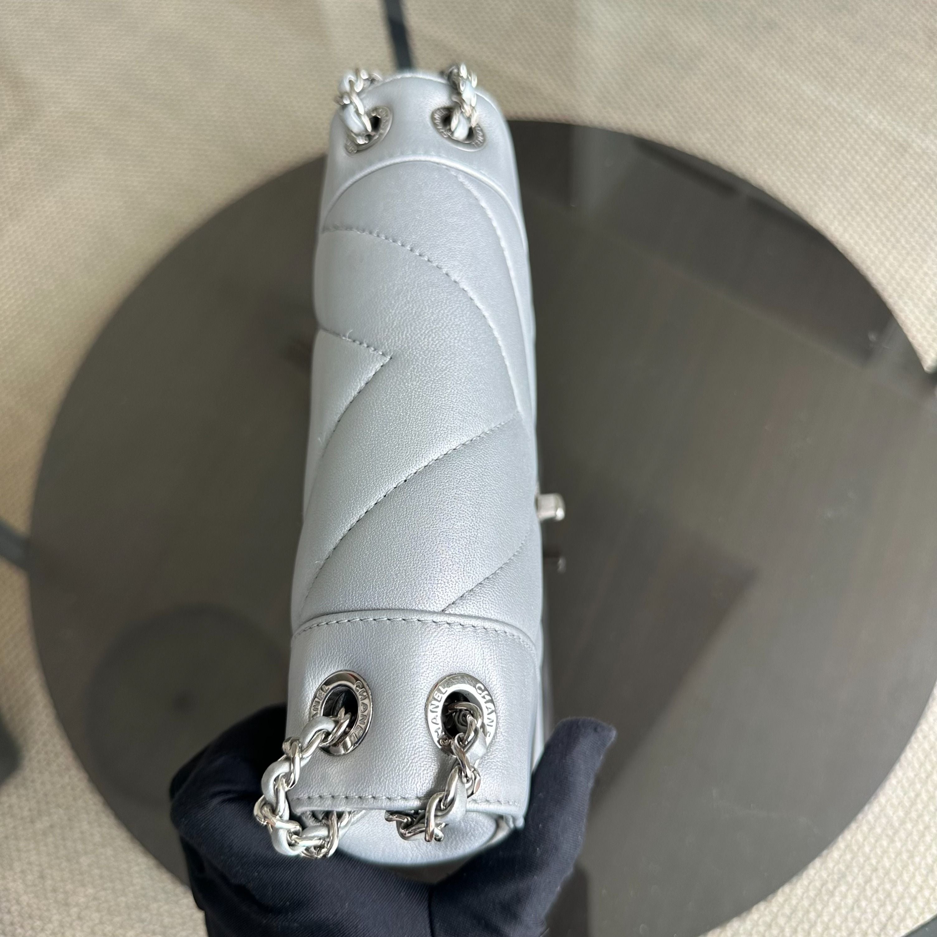 *Full Set, Receipt* Chanel Mademoiselle Small Seasonal Double Flap Chevron Calfskin Silver No 24 - Luxury Evermore