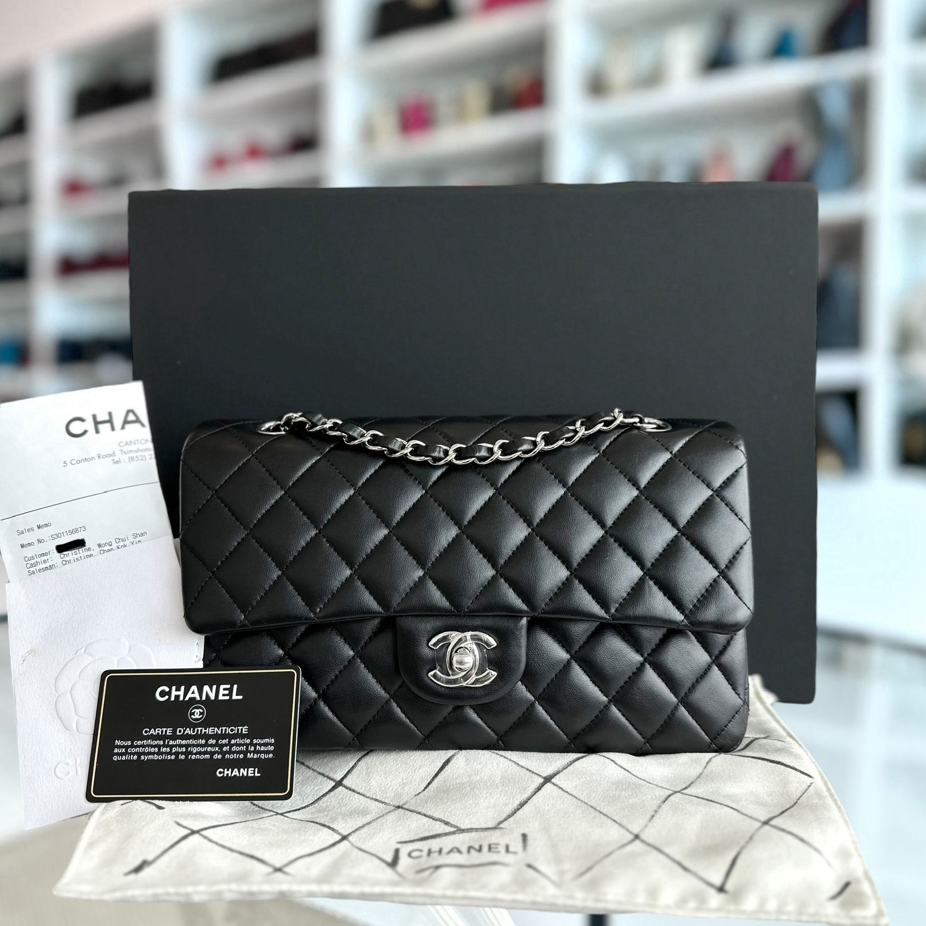 *Full Set, Receipt* Chanel Medium Classic Flap Lambskin Quilted Black SHW No 21 - Luxury Evermore