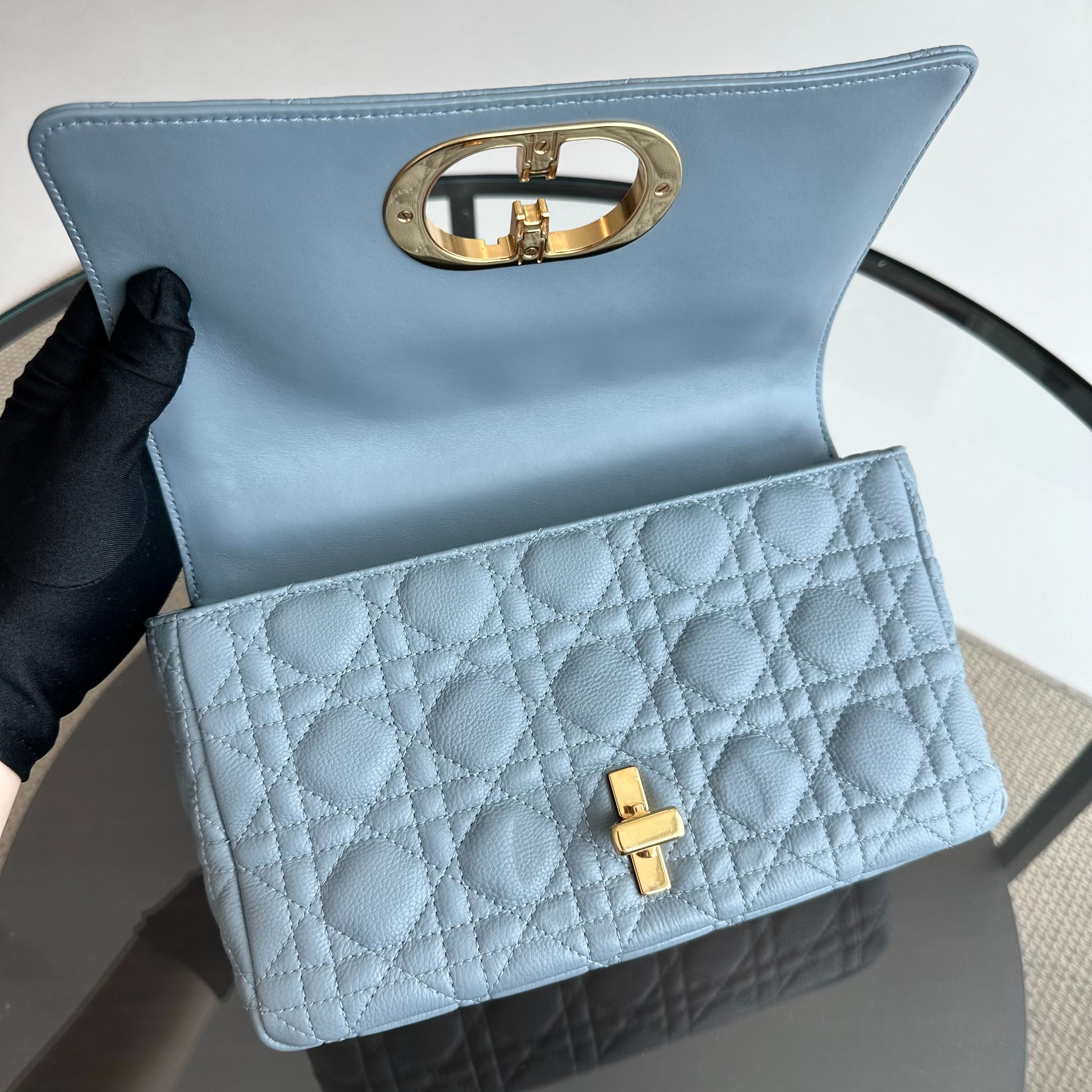 *Full Set, Receipt* Dior Caro Medium Calfskin Flap Haze Blue GHW - Luxury Evermore