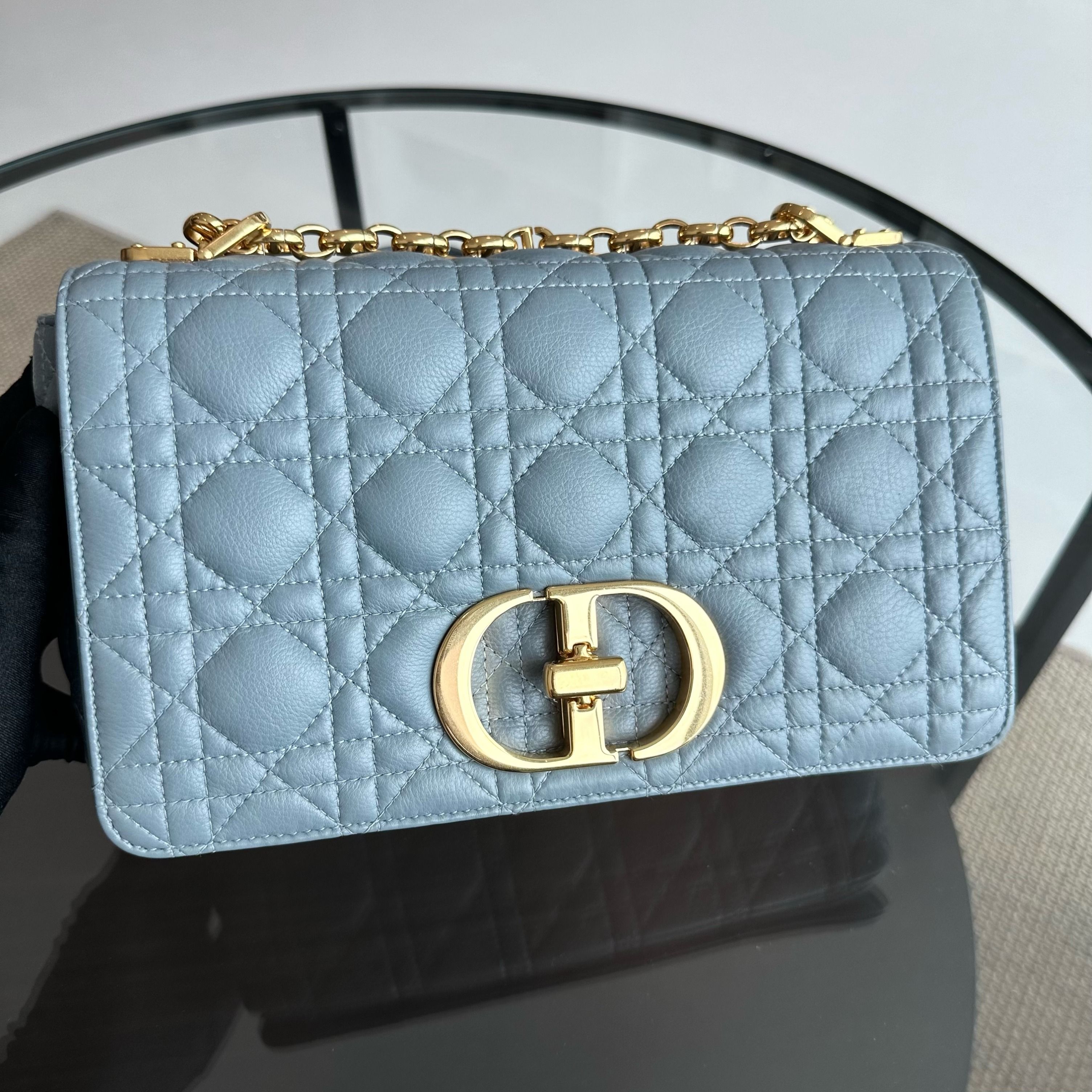 *Full Set, Receipt* Dior Caro Medium Calfskin Flap Haze Blue GHW - Luxury Evermore