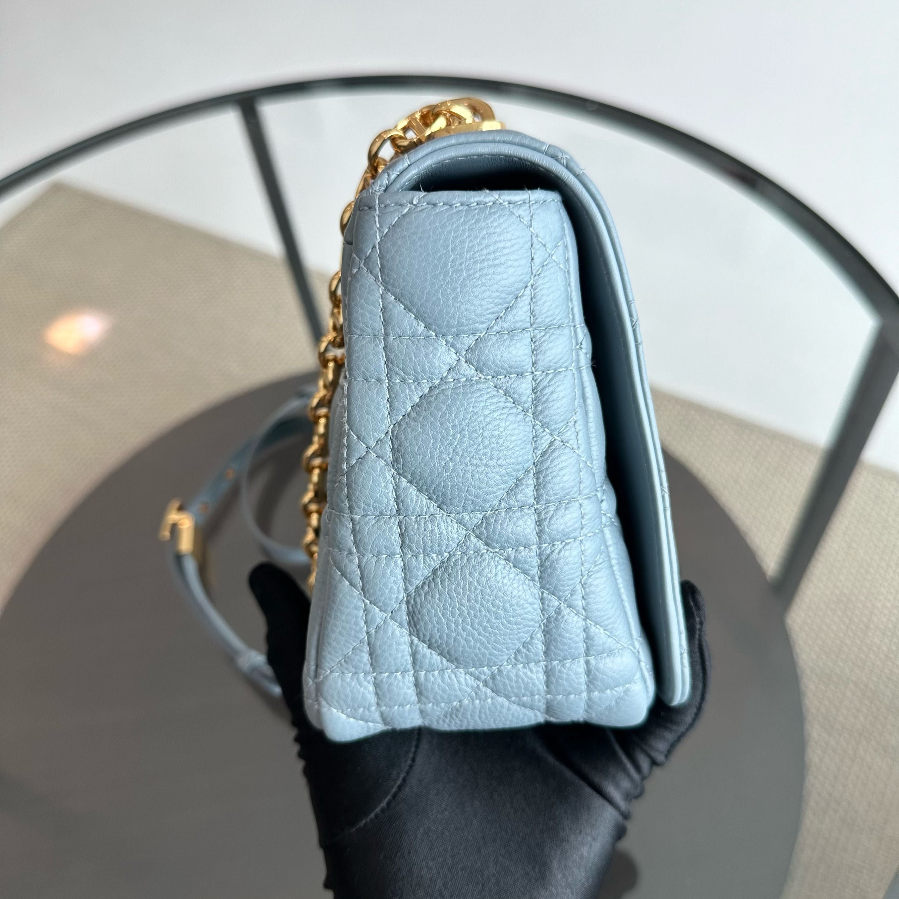 *Full Set, Receipt* Dior Caro Medium Calfskin Flap Haze Blue GHW - Luxury Evermore