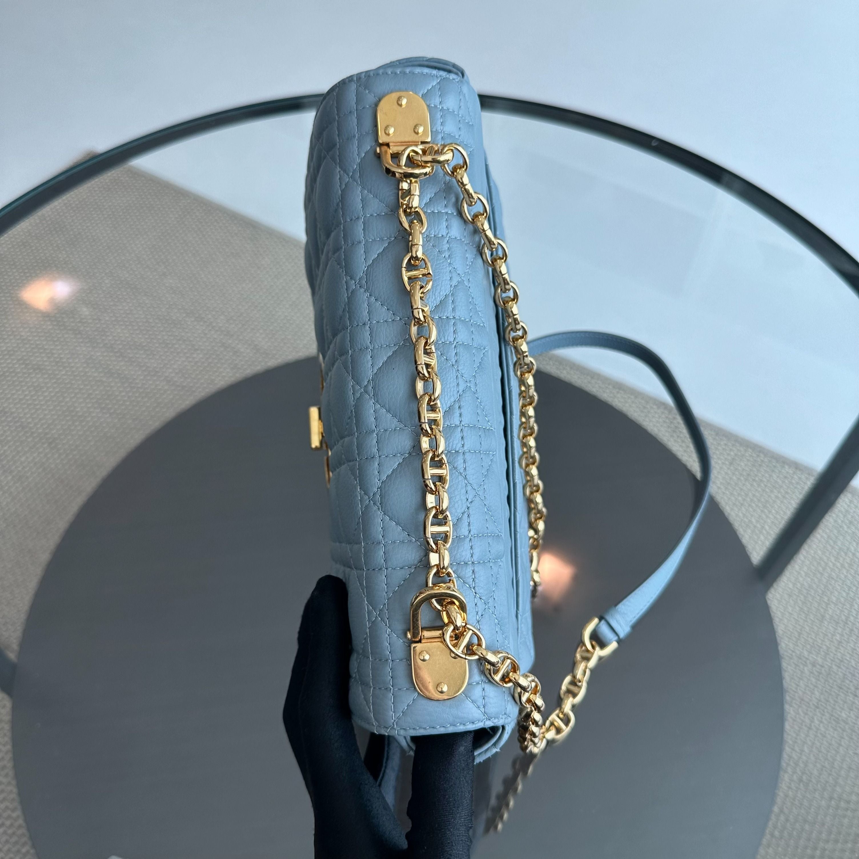 *Full Set, Receipt* Dior Caro Medium Calfskin Flap Haze Blue GHW - Luxury Evermore