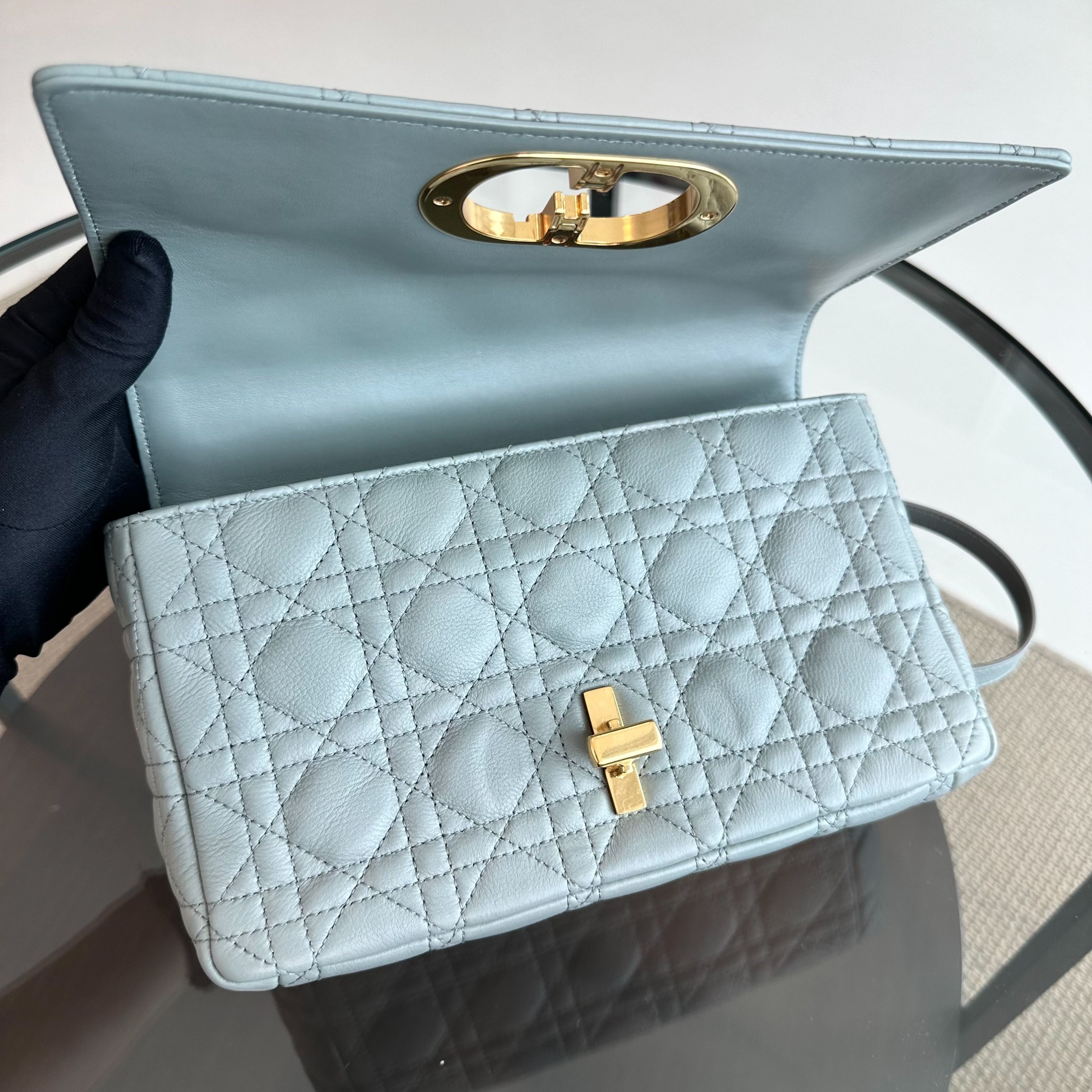 *Full Set, Receipt* Dior Caro Medium Grained Calfskin Cannage Flap Grey GHW - Luxury Evermore