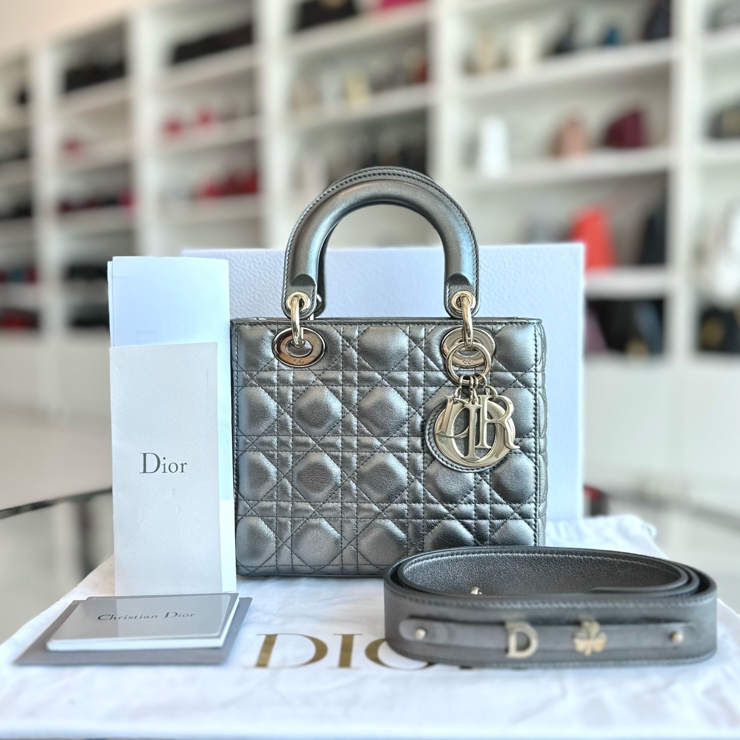 *Full Set, Receipt* Dior Lady ABC Small Metallic Gunmetal Lambskin MyABC LGHW - Luxury Evermore