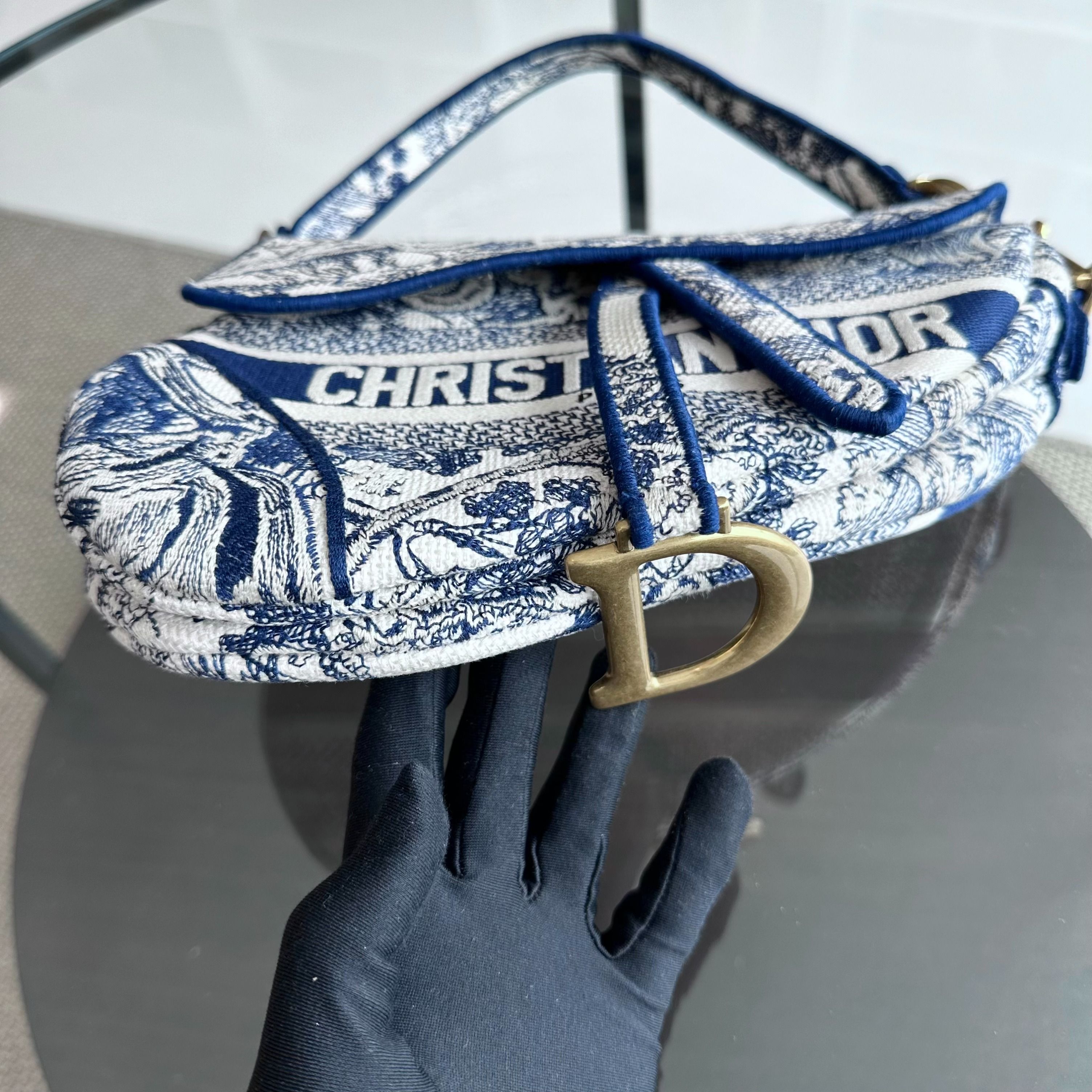 *Full Set, Receipt* Dior Saddle Medium Blue Toile De Jouy Embroidery Canvas AGHW - Luxury Evermore