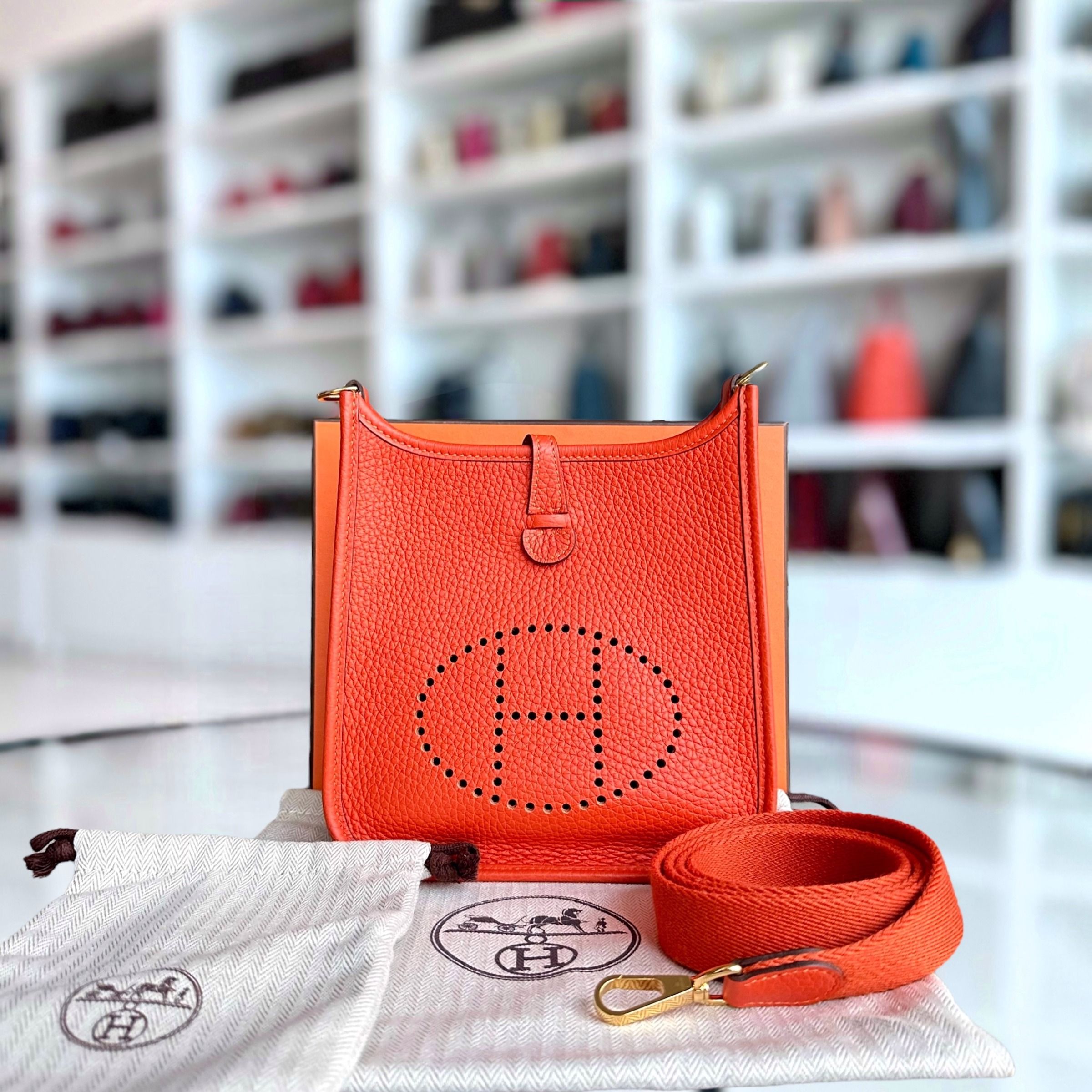 Hermes Mini Evelyn 16 Taurillon Clemence Stamp U Orange GHW - Luxury Evermore