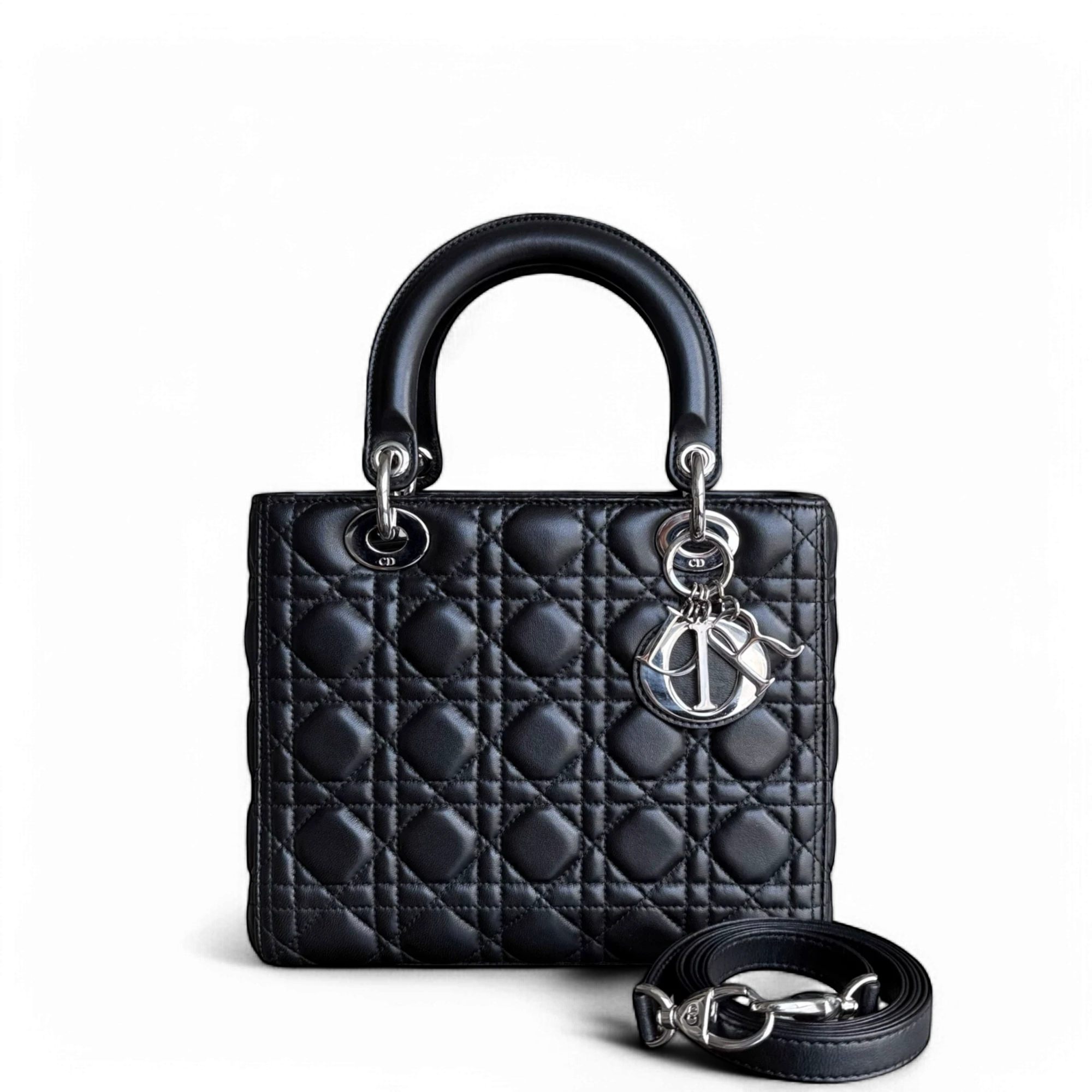 Dior Lady Medium - Cannage Lambskin Black Silver Hardware