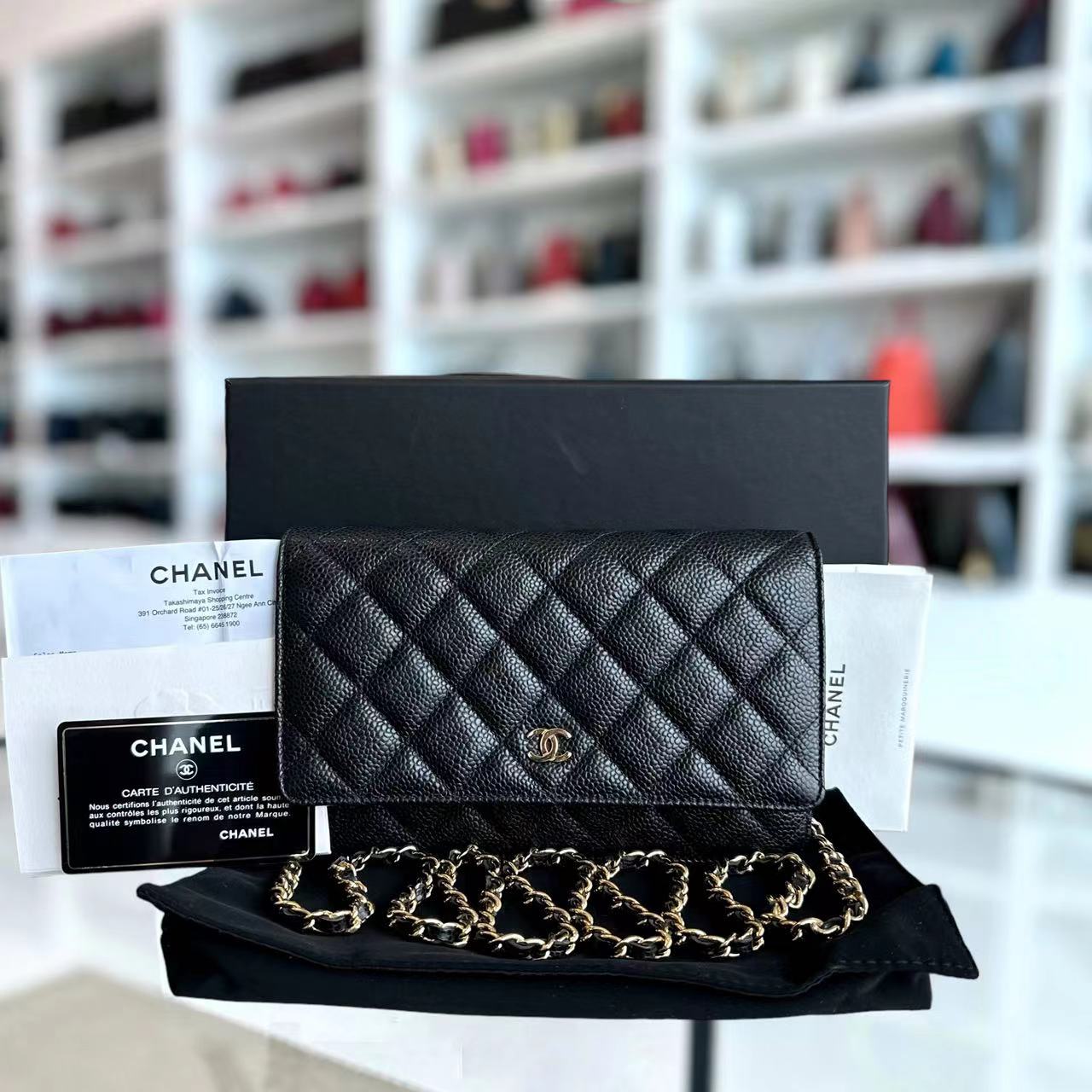 *Like New, Receipt Full Set* Chanel Caviar WOC Wallet On Chain Quilted Grained Calfskin Black Golden Hardware Series 31 - Luxury Evermore