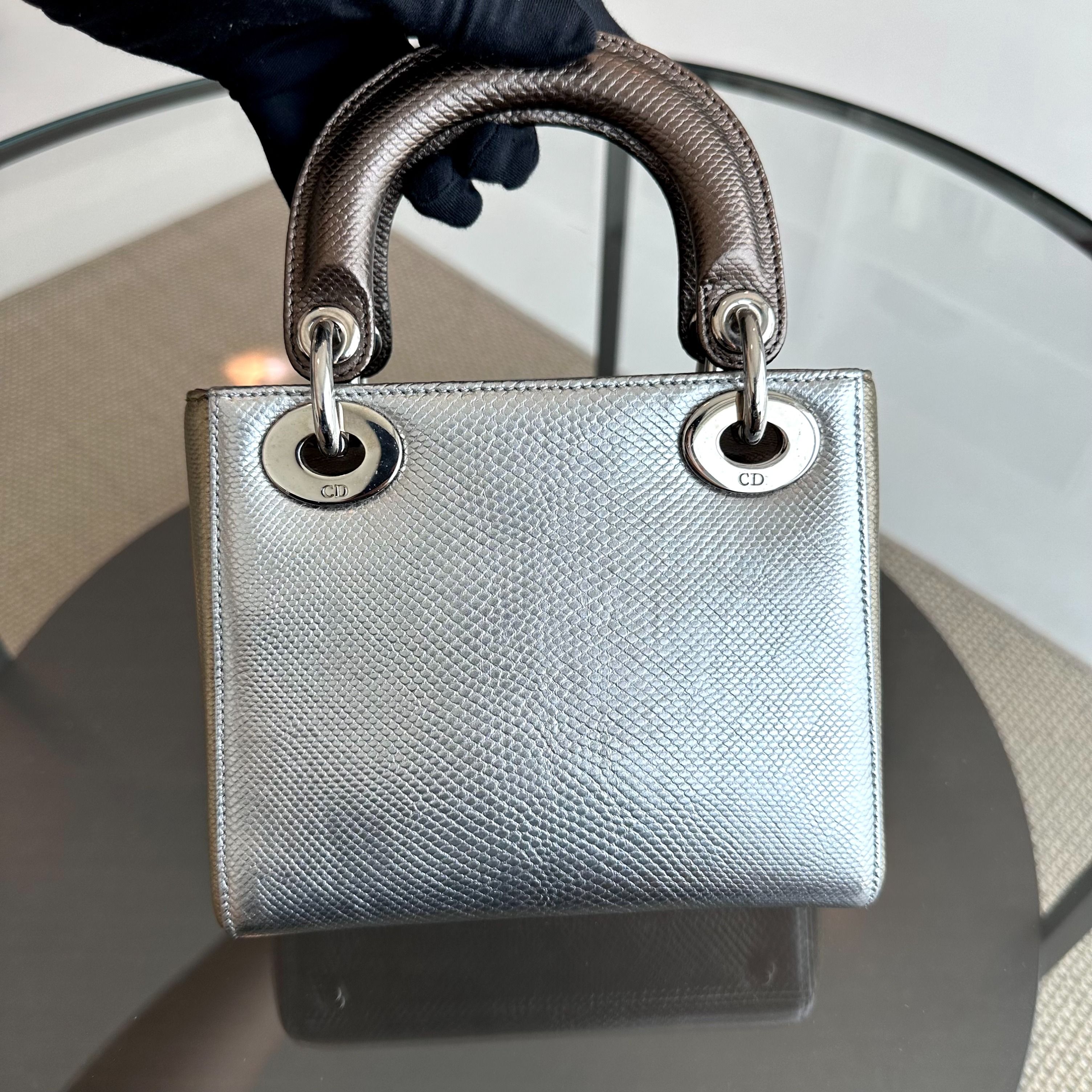 *Lizard, Chain strap* Dior Lady Mini Exotic Lizard Bi-color Silver Gold SHW - Luxury Evermore