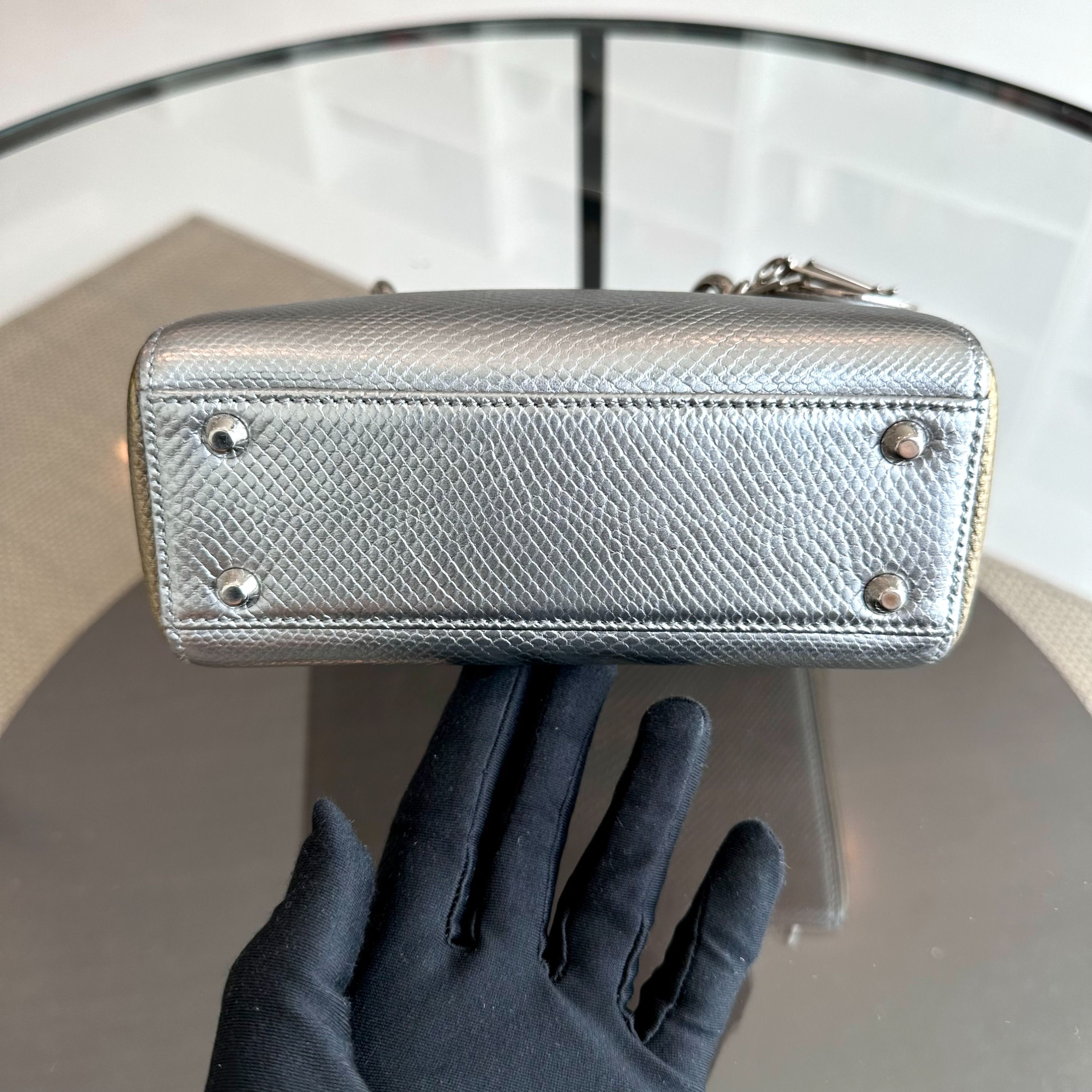 *Lizard, Chain strap* Dior Lady Mini Exotic Lizard Bi-color Silver Gold SHW - Luxury Evermore