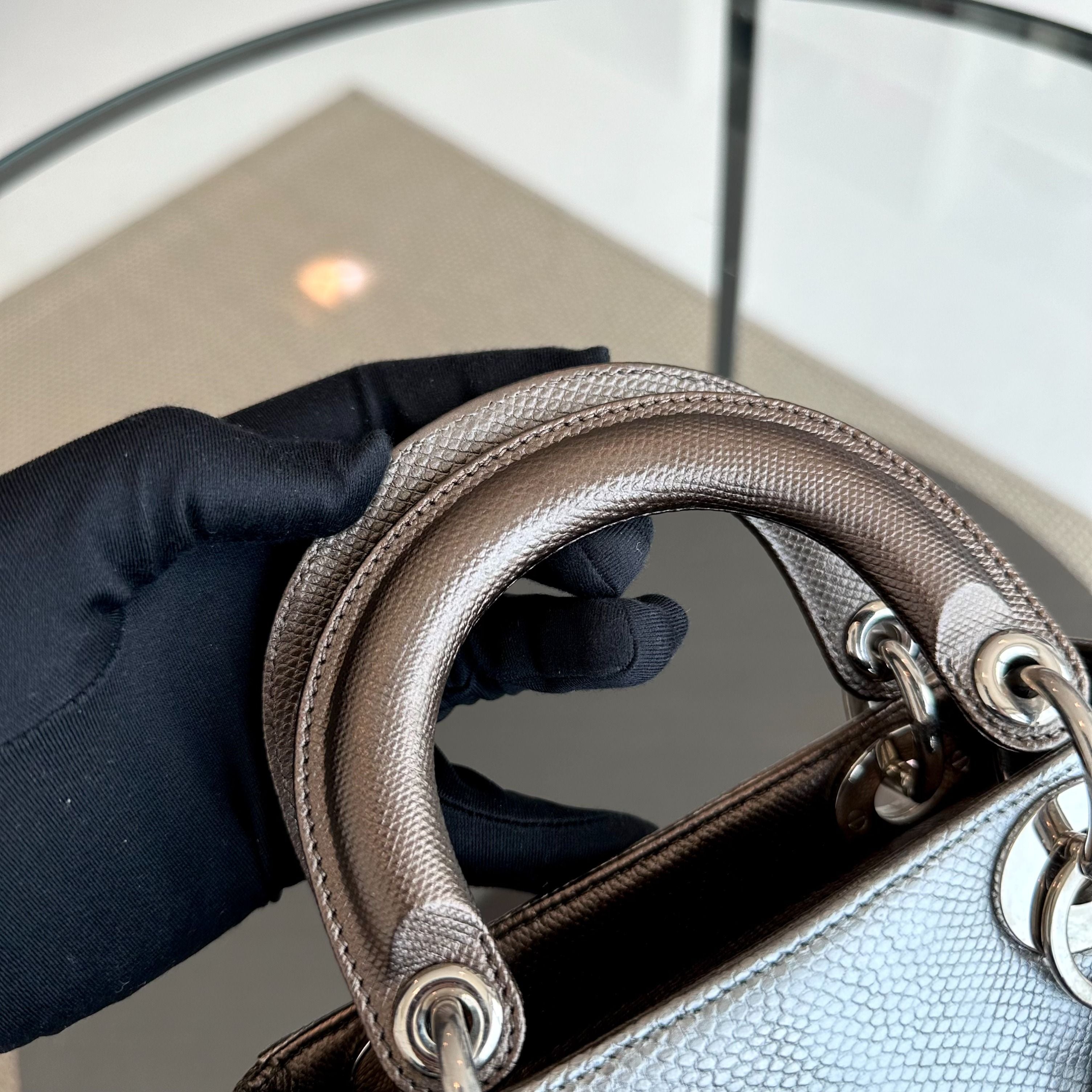 *Lizard, Chain strap* Dior Lady Mini Exotic Lizard Bi-color Silver Gold SHW - Luxury Evermore