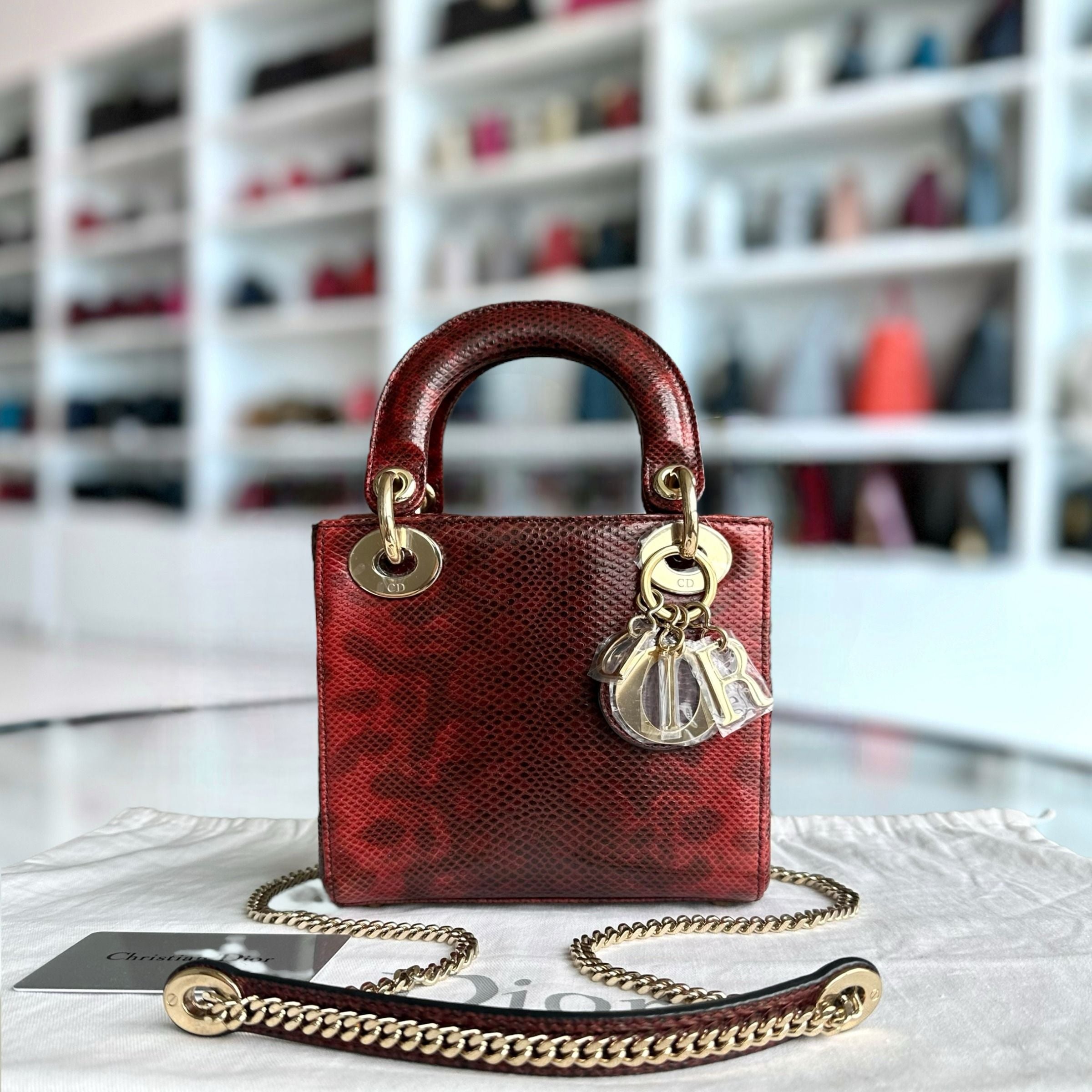 *Lizard, Chain Strap* Dior Lady Mini Exotic Lizard Leather Dark Red GHW - Luxury Evermore