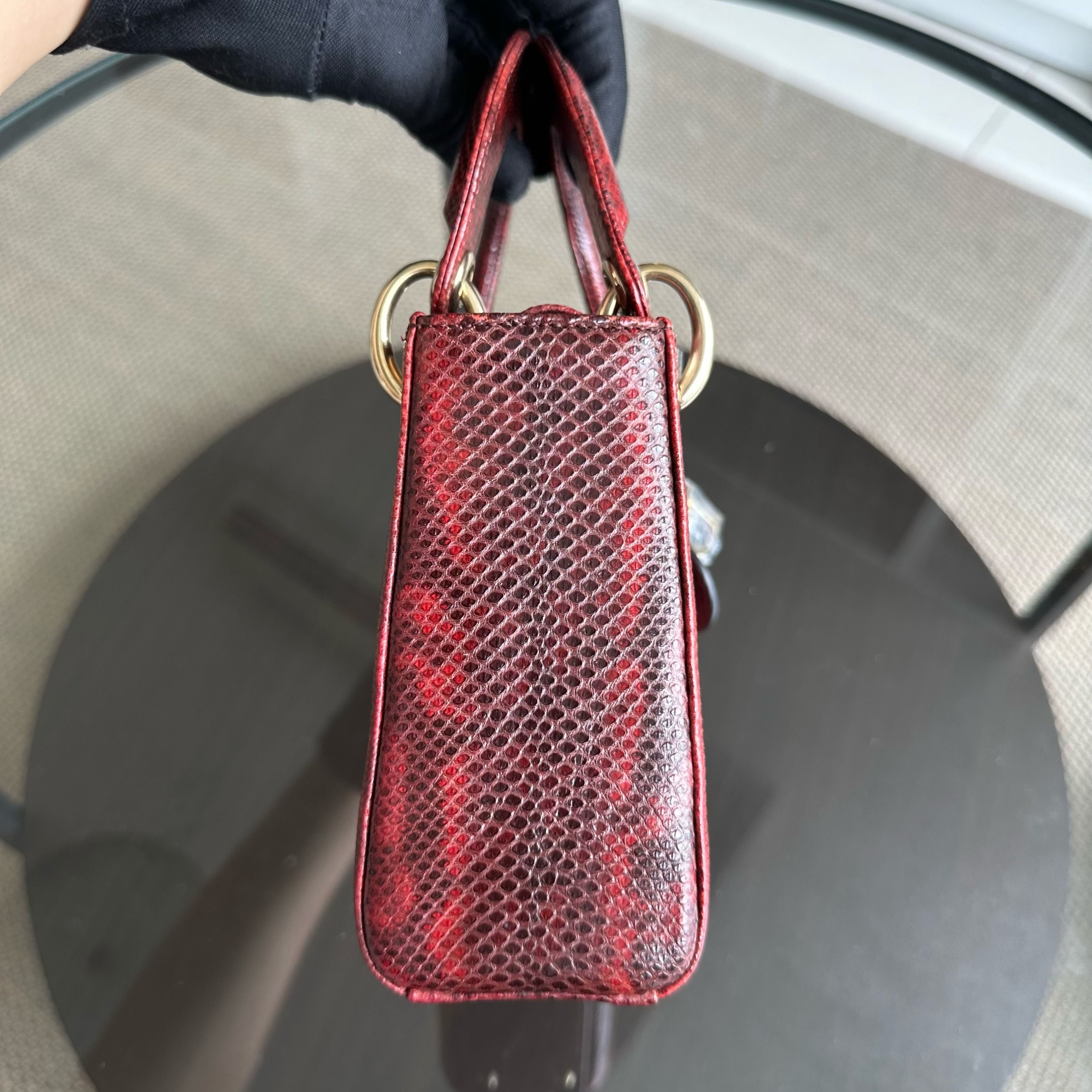 *Lizard, Chain Strap* Dior Lady Mini Exotic Lizard Leather Dark Red GHW - Luxury Evermore