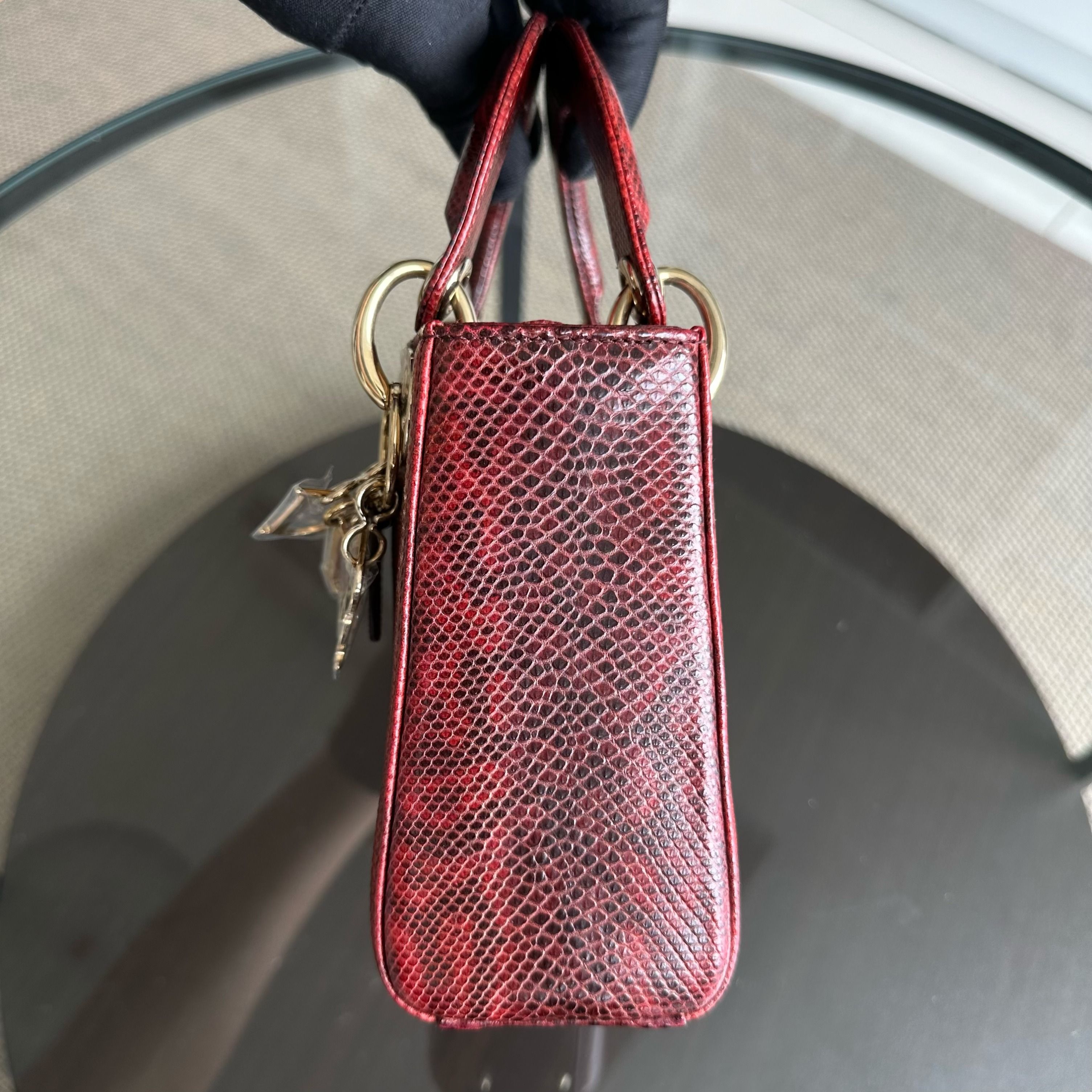 *Lizard, Chain Strap* Dior Lady Mini Exotic Lizard Leather Dark Red GHW - Luxury Evermore