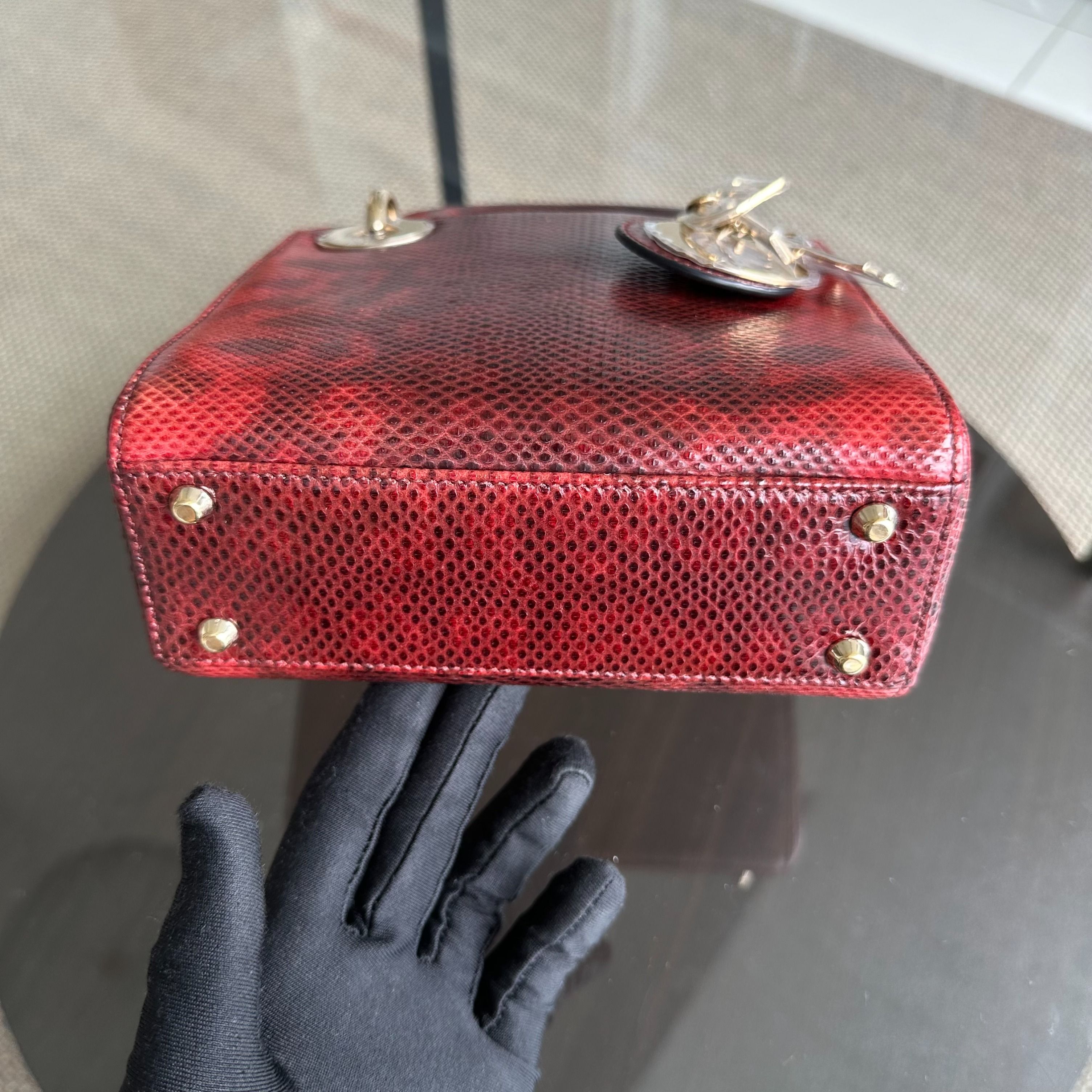 *Lizard, Chain Strap* Dior Lady Mini Exotic Lizard Leather Dark Red GHW - Luxury Evermore