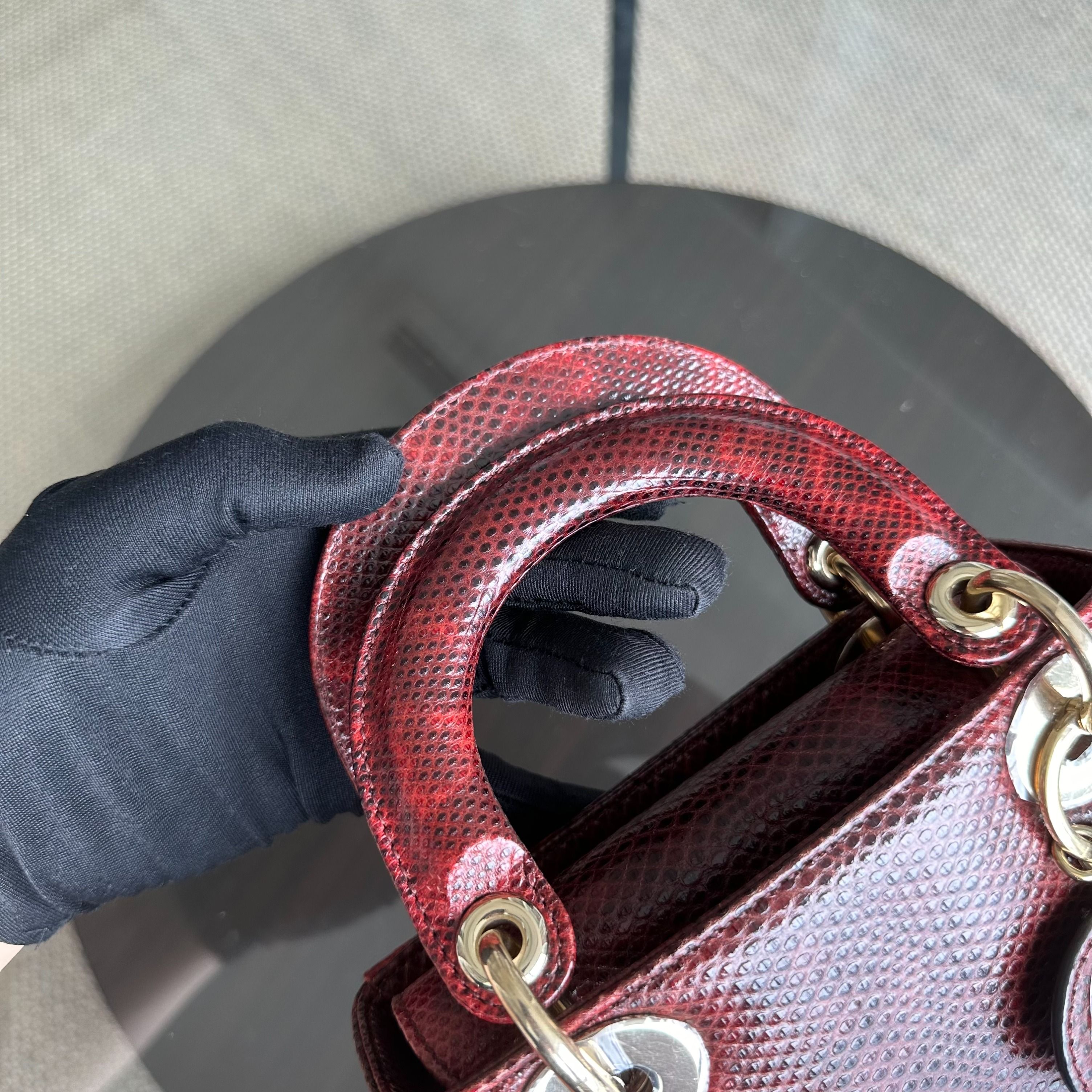*Lizard, Chain Strap* Dior Lady Mini Exotic Lizard Leather Dark Red GHW - Luxury Evermore
