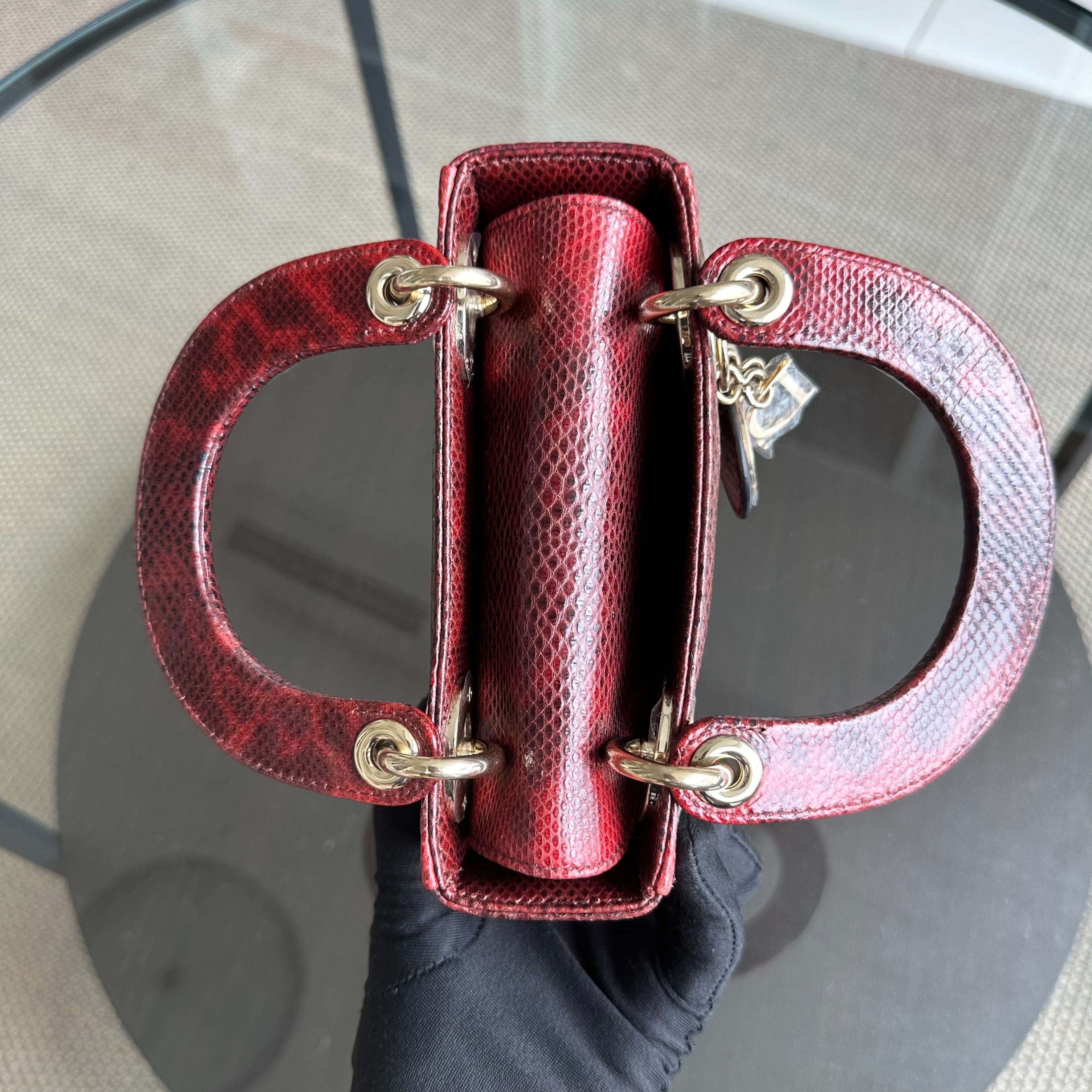 *Lizard, Chain Strap* Dior Lady Mini Exotic Lizard Leather Dark Red GHW - Luxury Evermore