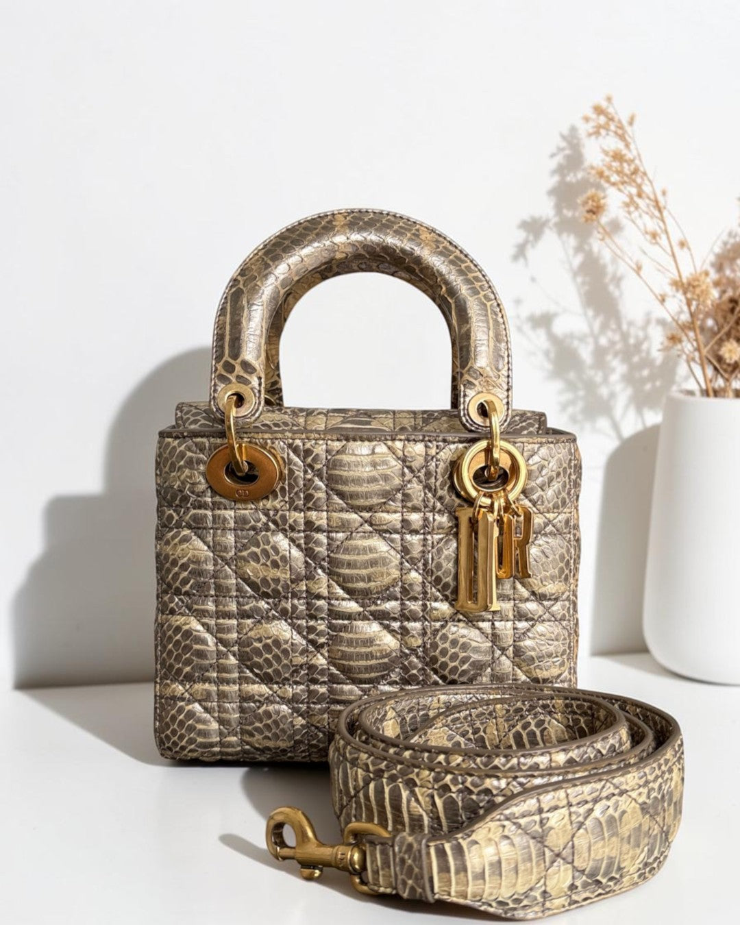Luxury Evermore Python Lady Dior handbag in metallic snakeskin with gold-tone hardware and detachable shoulder strap.