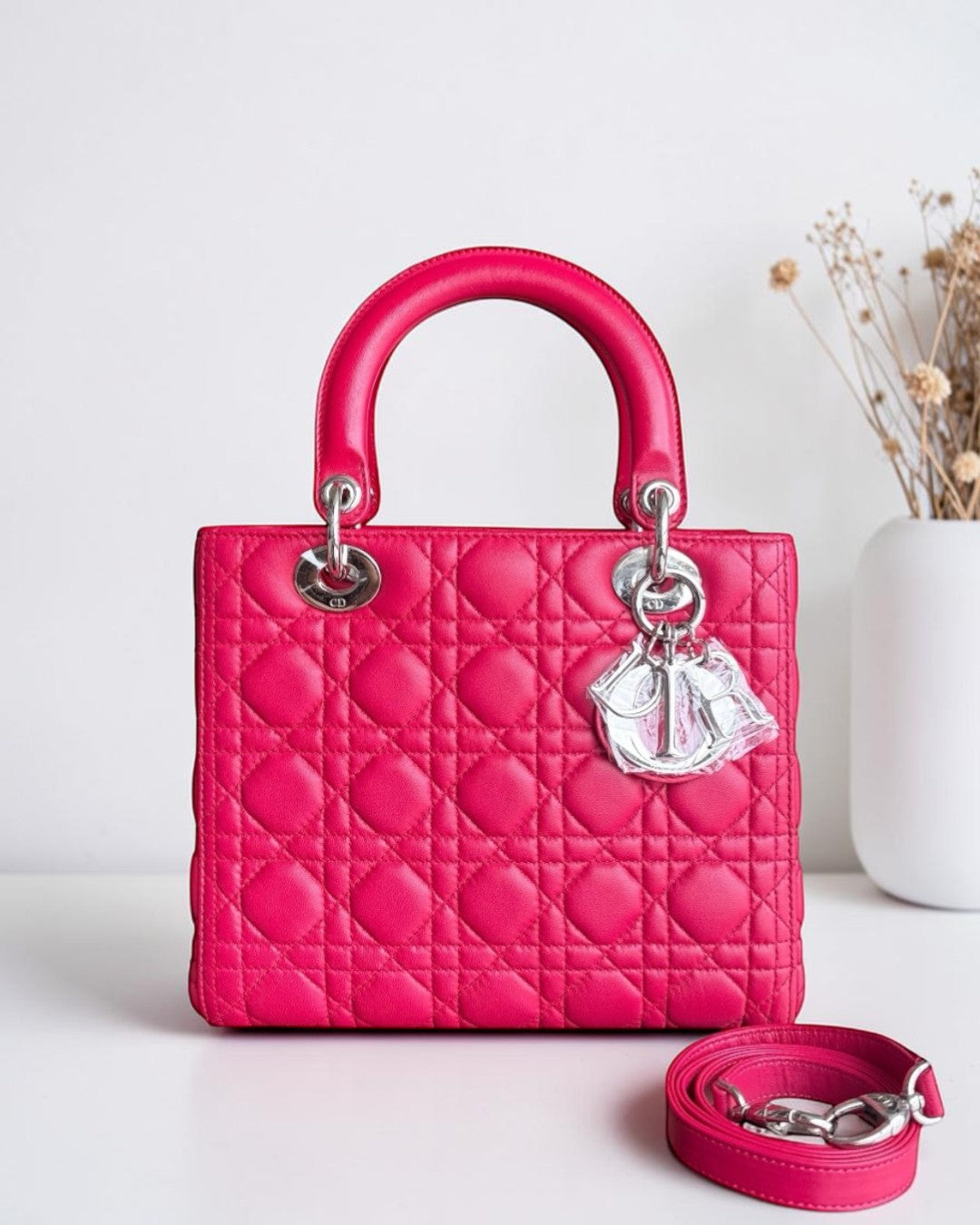 Luxury Evermore 红色 Cannage 藤格纹羊皮 Lady Dior 中号手袋,配有银色金属配件和可拆卸肩带