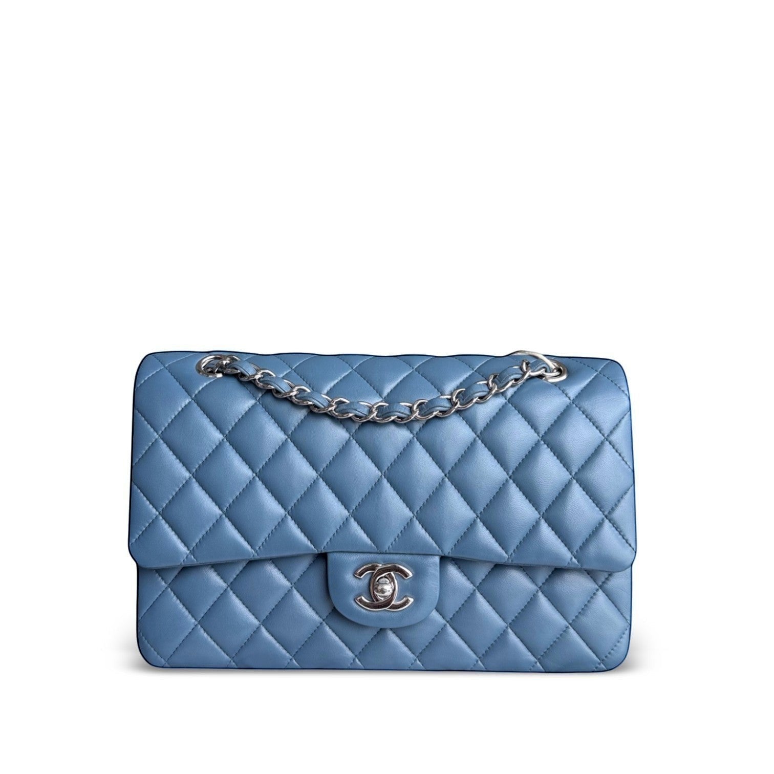 Luxury Evermore Chanel Classic Flap Medium blue quilted lambskin leather handbag with silver hardware.