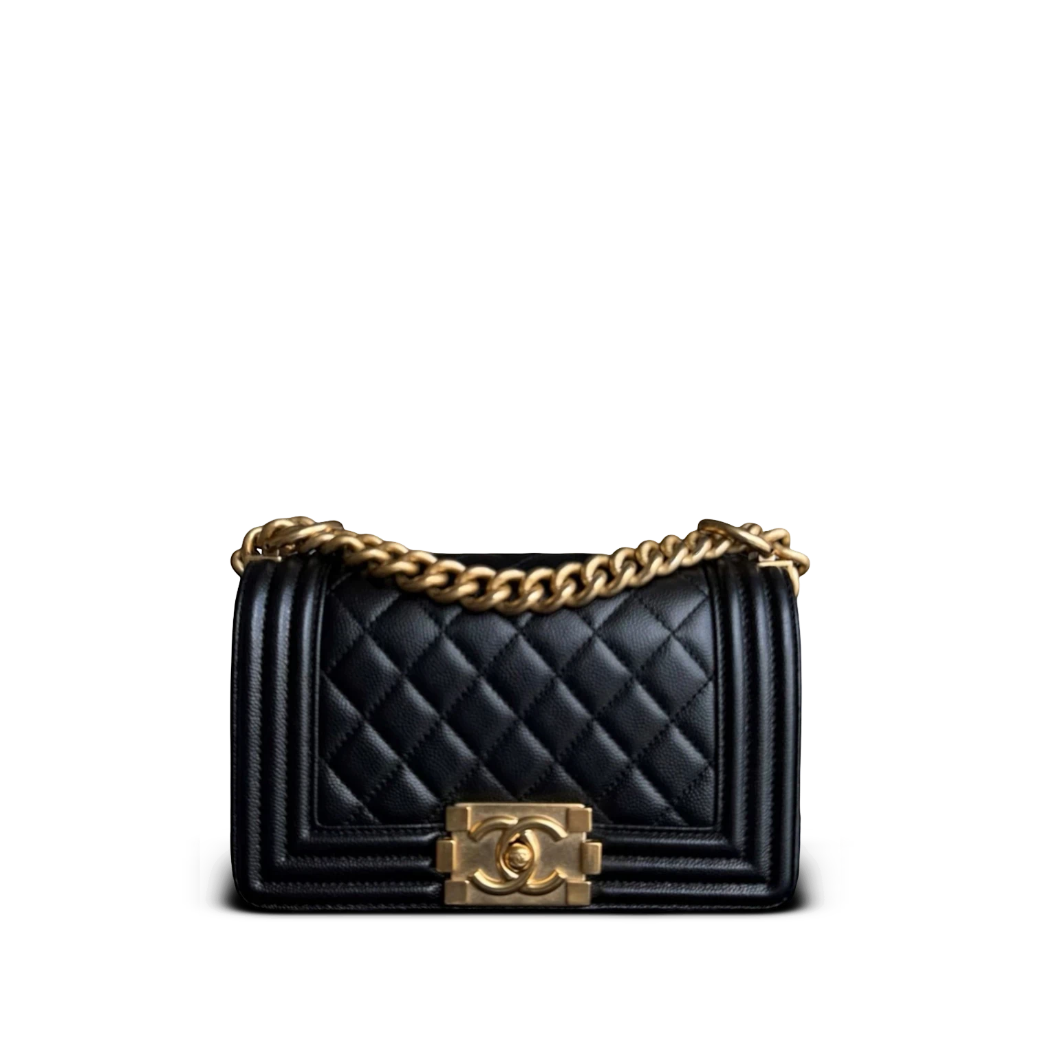 Luxury Evermore Chanel Boy Small black caviar leather quilted handbag with gold hardware and chain strap.