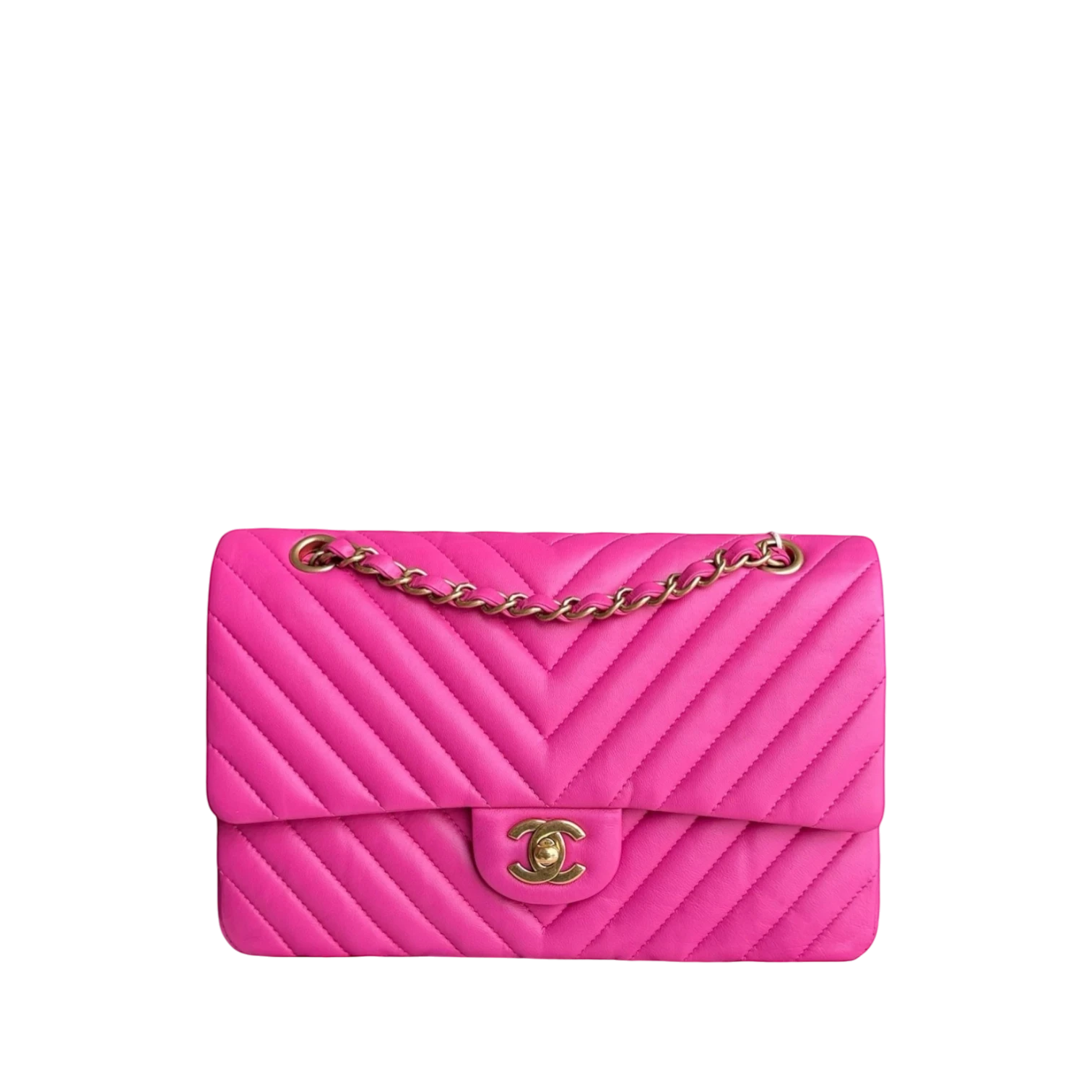 Luxury Evermore Chanel Classic Flap medium chevron lambskin handbag in bright pink with gold hardware.