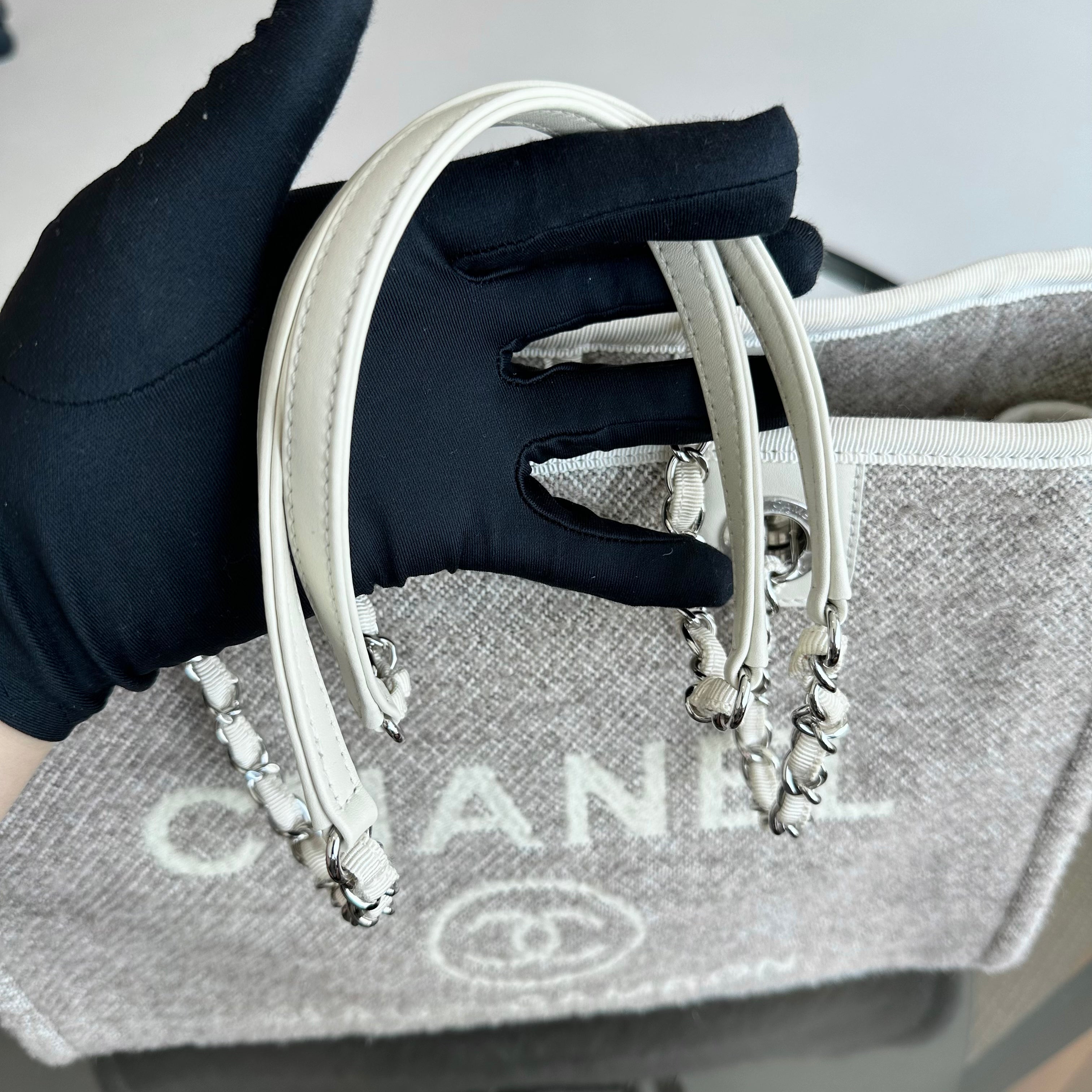 *Microchip* Chanel Deauville Tote Medium Tweed Grey White SHW Microchip - Luxury Evermore