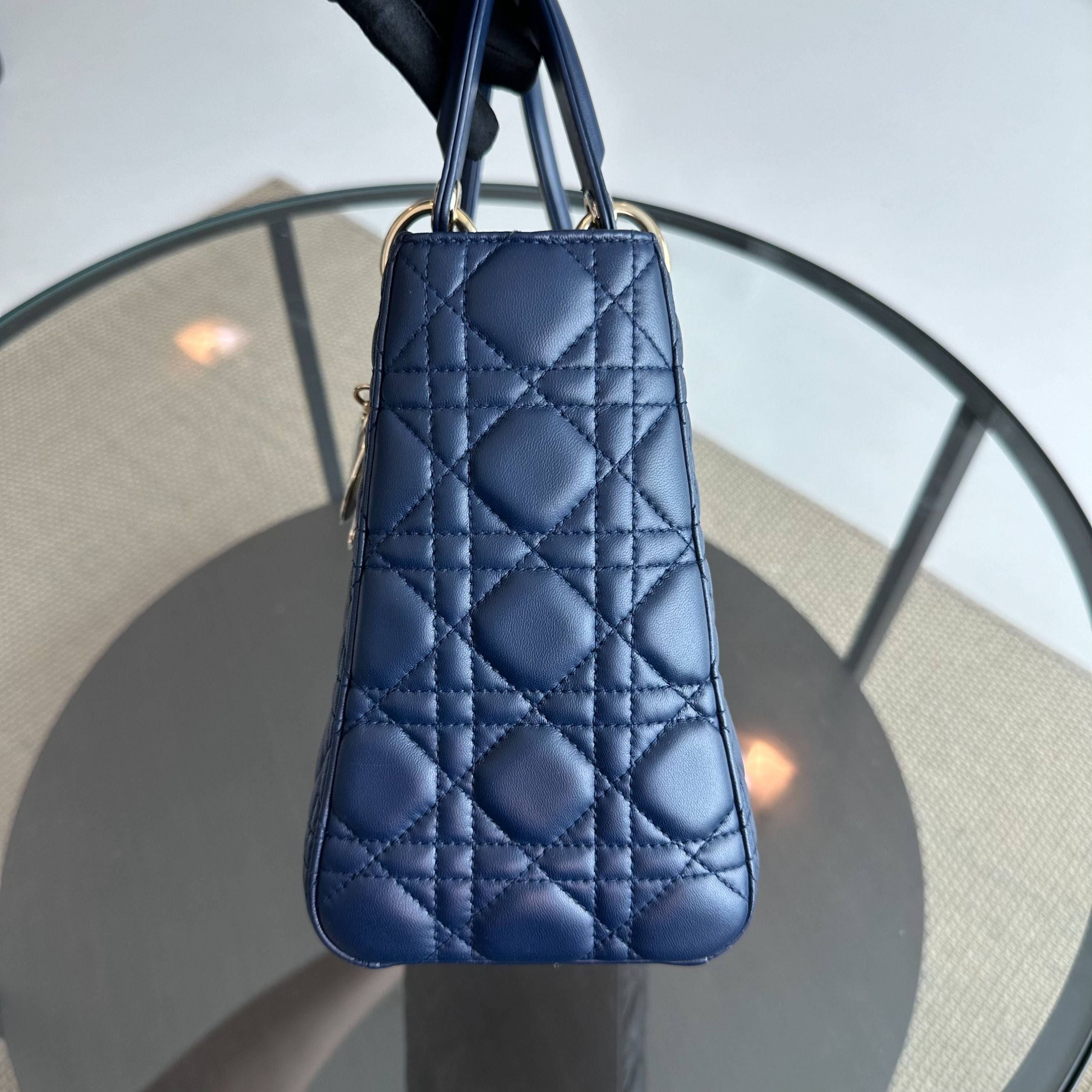 *No Strap* Dior Lady Medium Lambskin Dark Blue GHW - Luxury Evermore