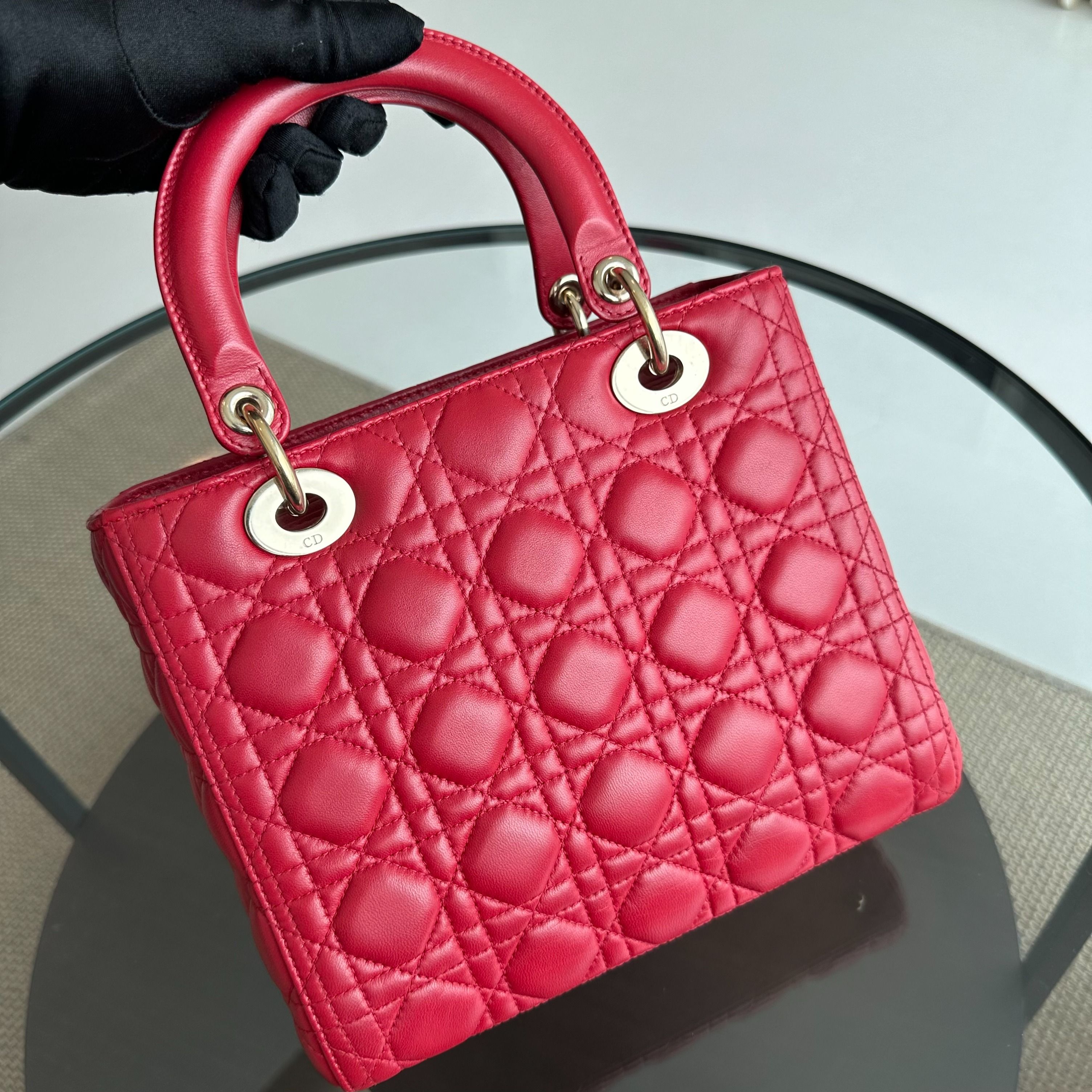 *No Strap* Dior Lady Medium Lambskin Red GHW - Luxury Evermore
