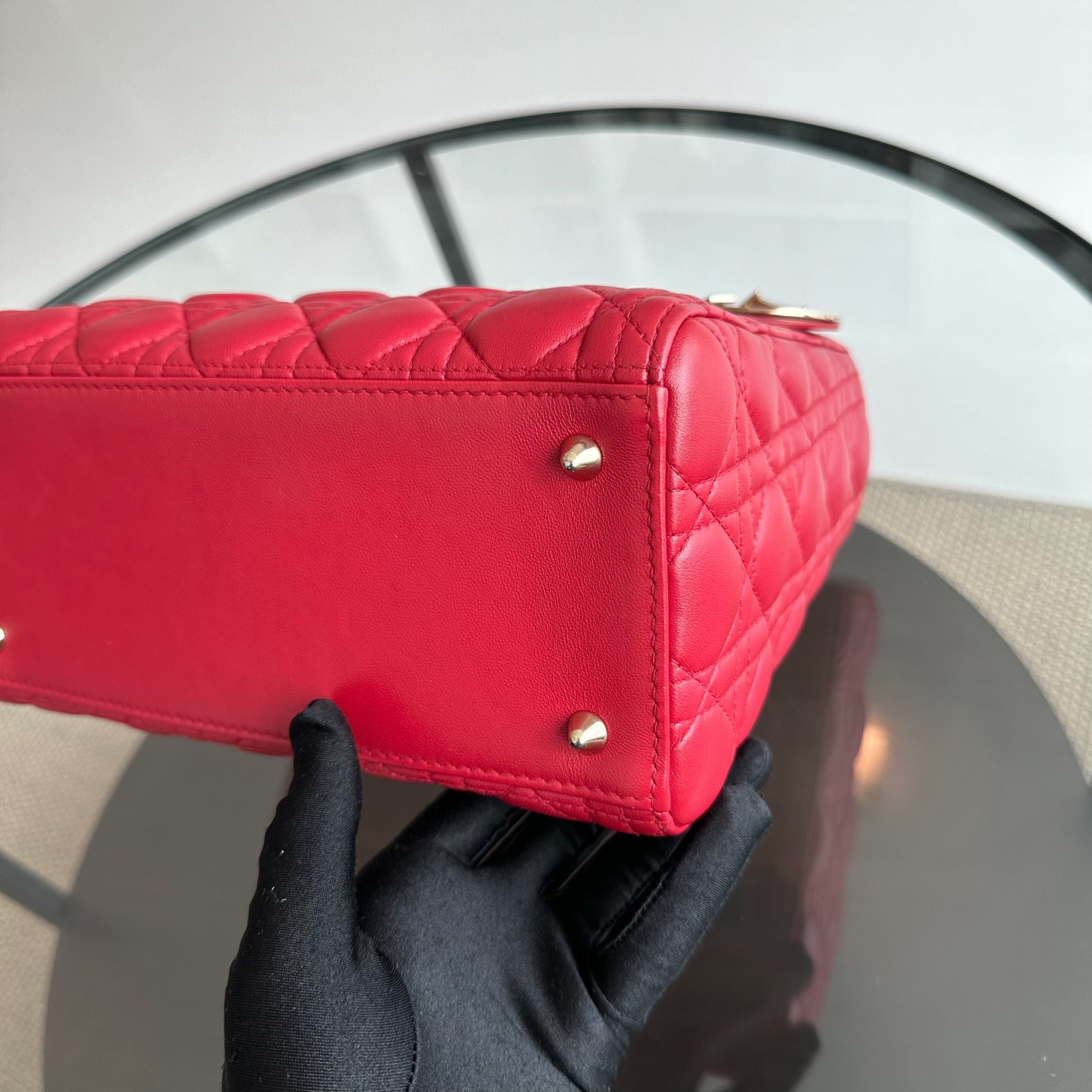 *No Strap* Dior Lady Medium Lambskin Red GHW - Luxury Evermore