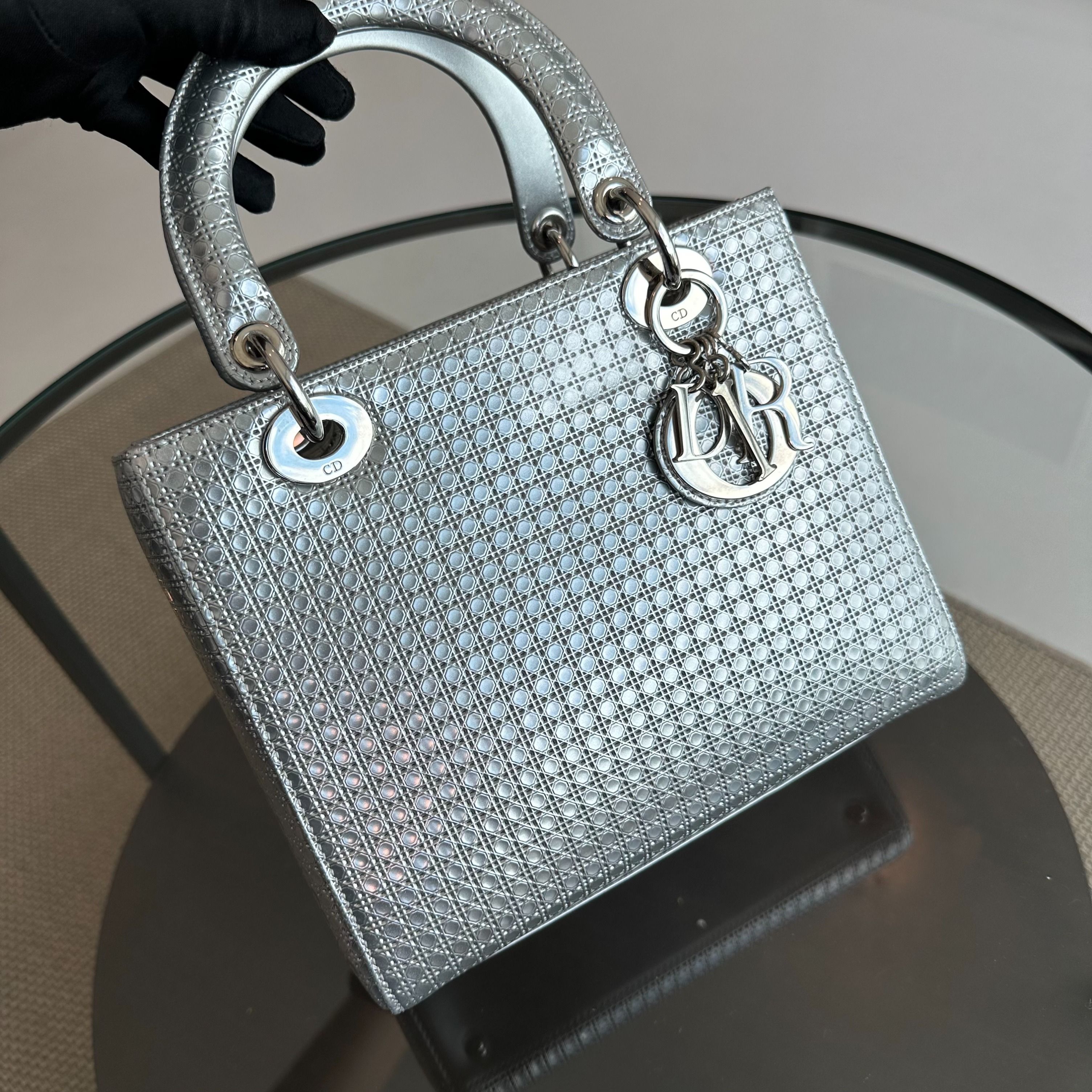 *No Strap* Dior Lady Medium Micro-Cannage Metallic Limited Edition Silver SHW - Luxury Evermore