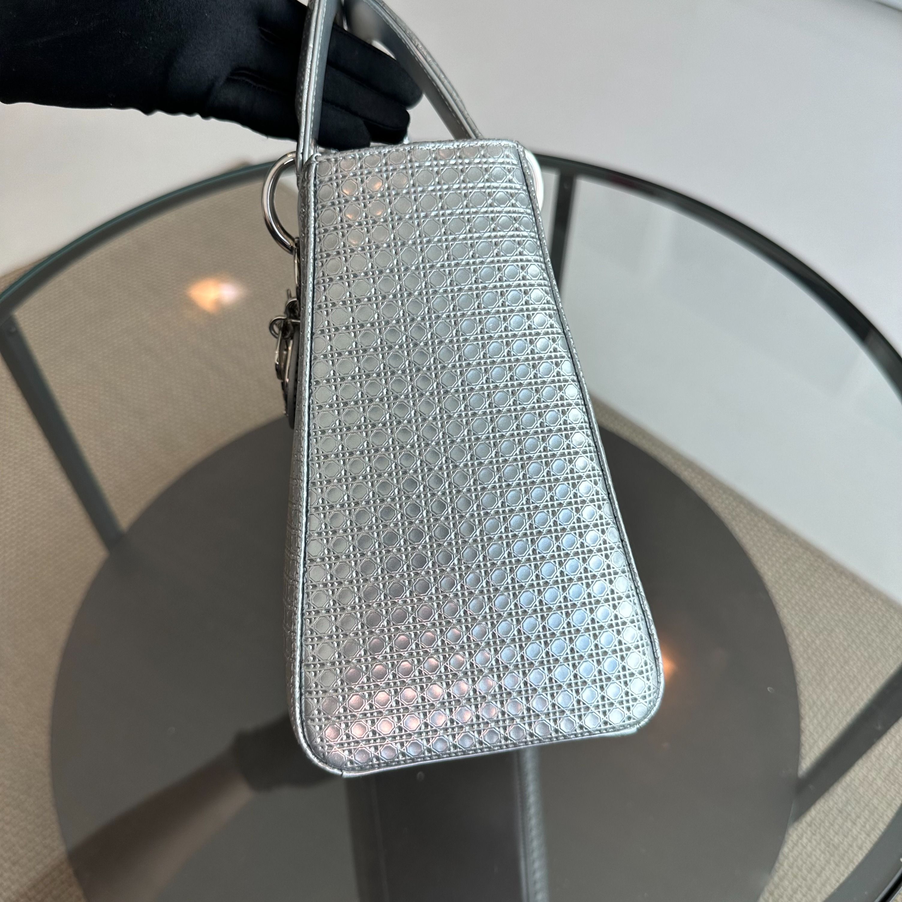 *No Strap* Dior Lady Medium Micro-Cannage Metallic Limited Edition Silver SHW - Luxury Evermore