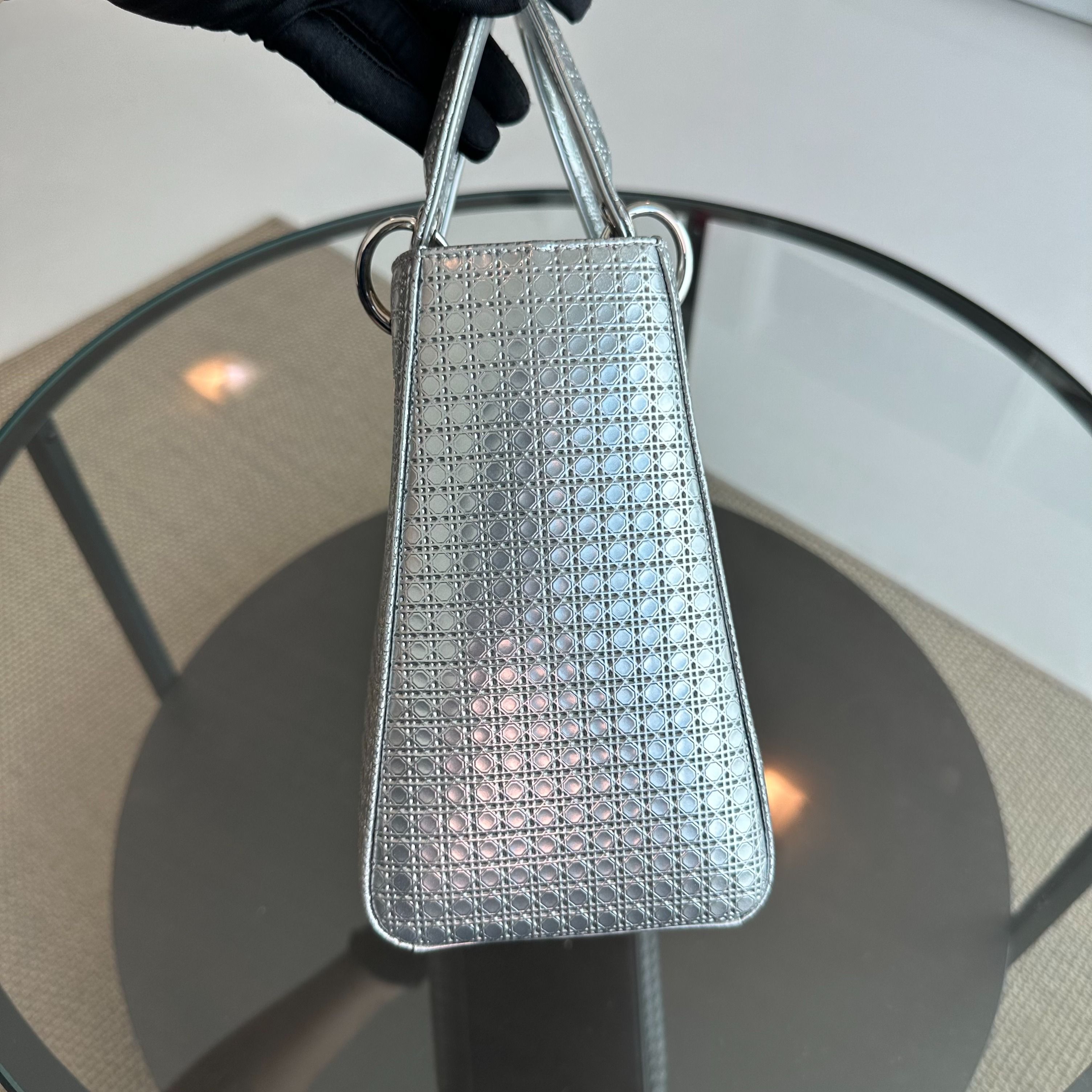 *No Strap* Dior Lady Medium Micro-Cannage Metallic Limited Edition Silver SHW - Luxury Evermore