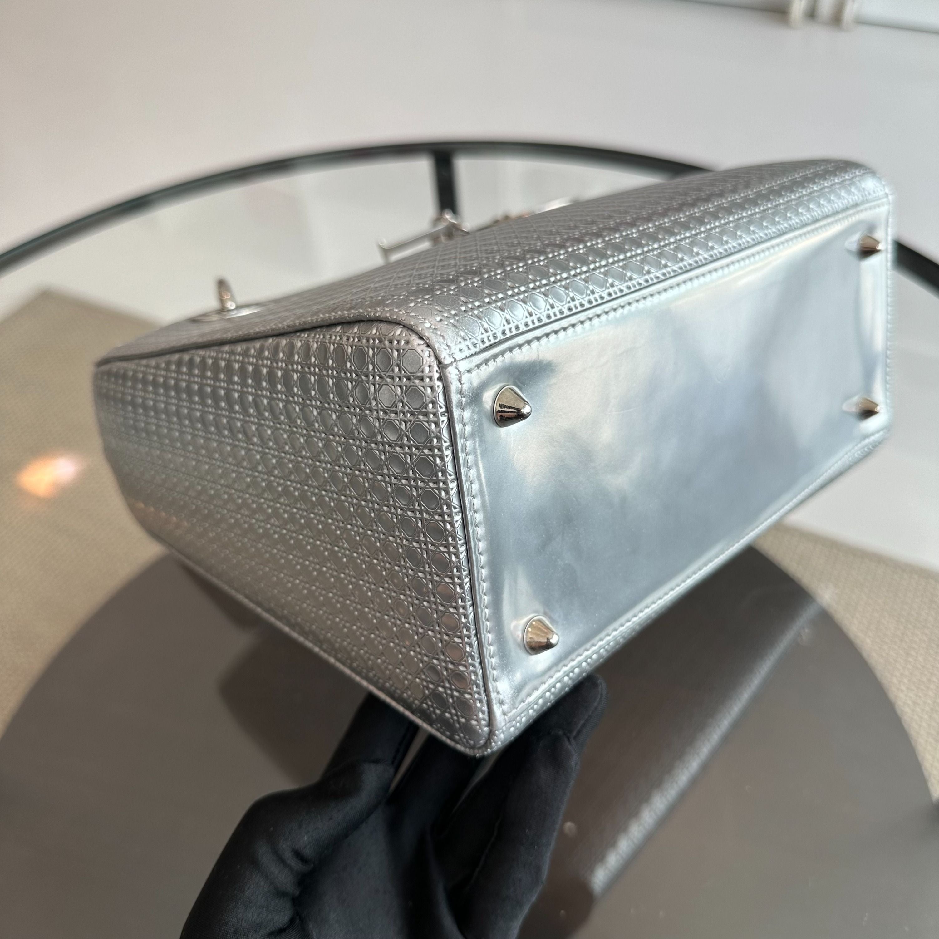 *No Strap* Dior Lady Medium Micro-Cannage Metallic Limited Edition Silver SHW - Luxury Evermore