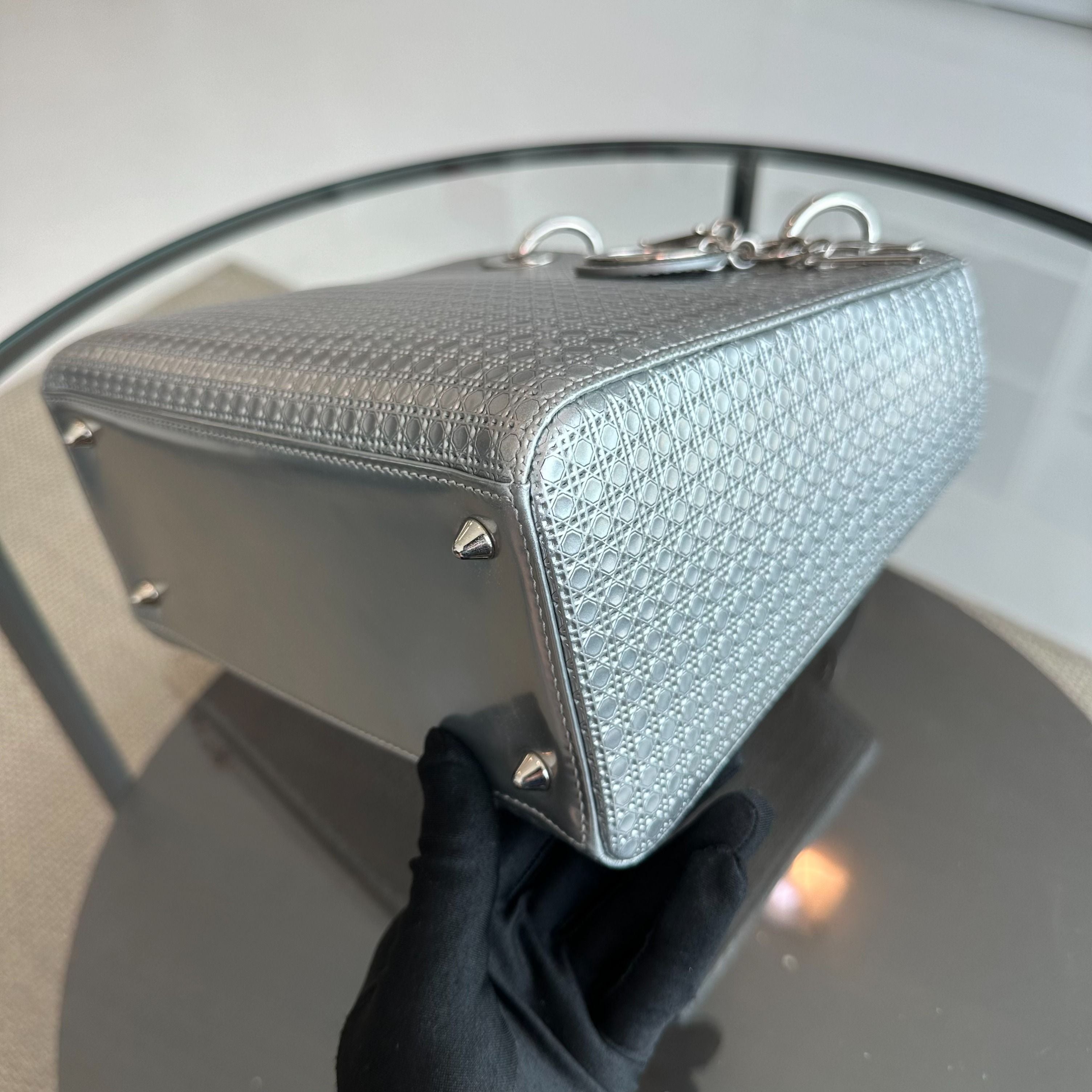 *No Strap* Dior Lady Medium Micro-Cannage Metallic Limited Edition Silver SHW - Luxury Evermore