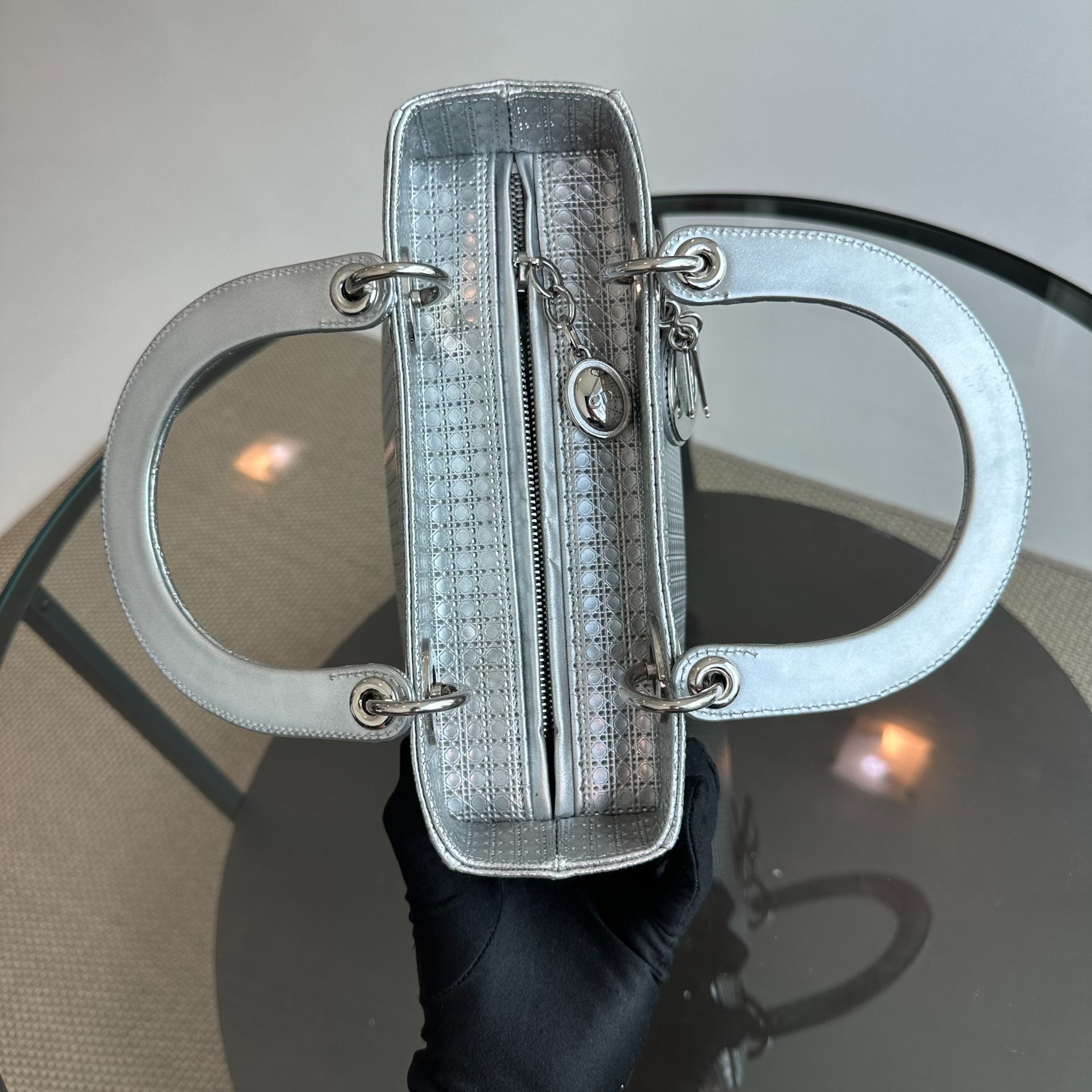 *No Strap* Dior Lady Medium Micro-Cannage Metallic Limited Edition Silver SHW - Luxury Evermore