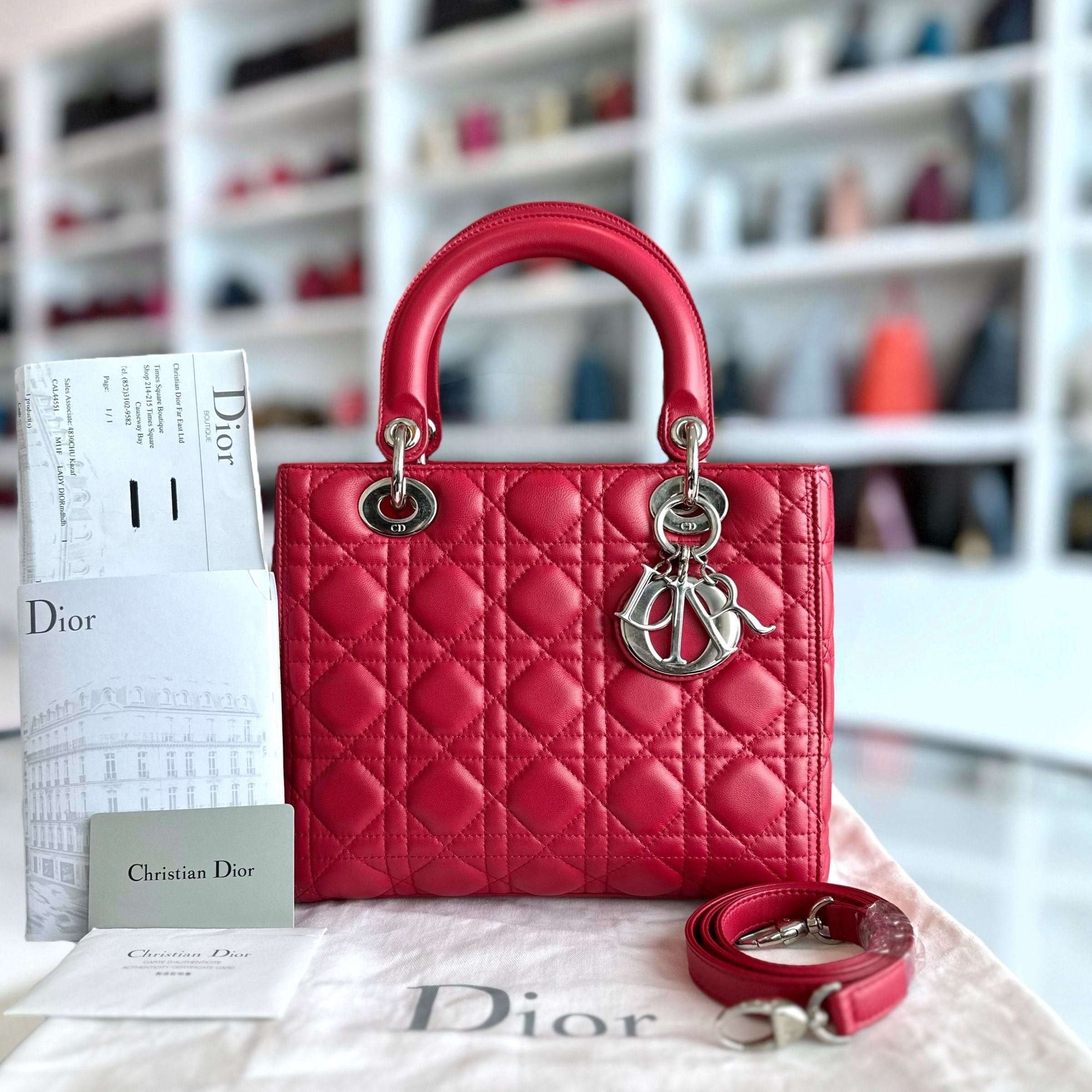 *Receipt* Dior Lady Medium Cannage Lambskin Red SHW - Luxury Evermore